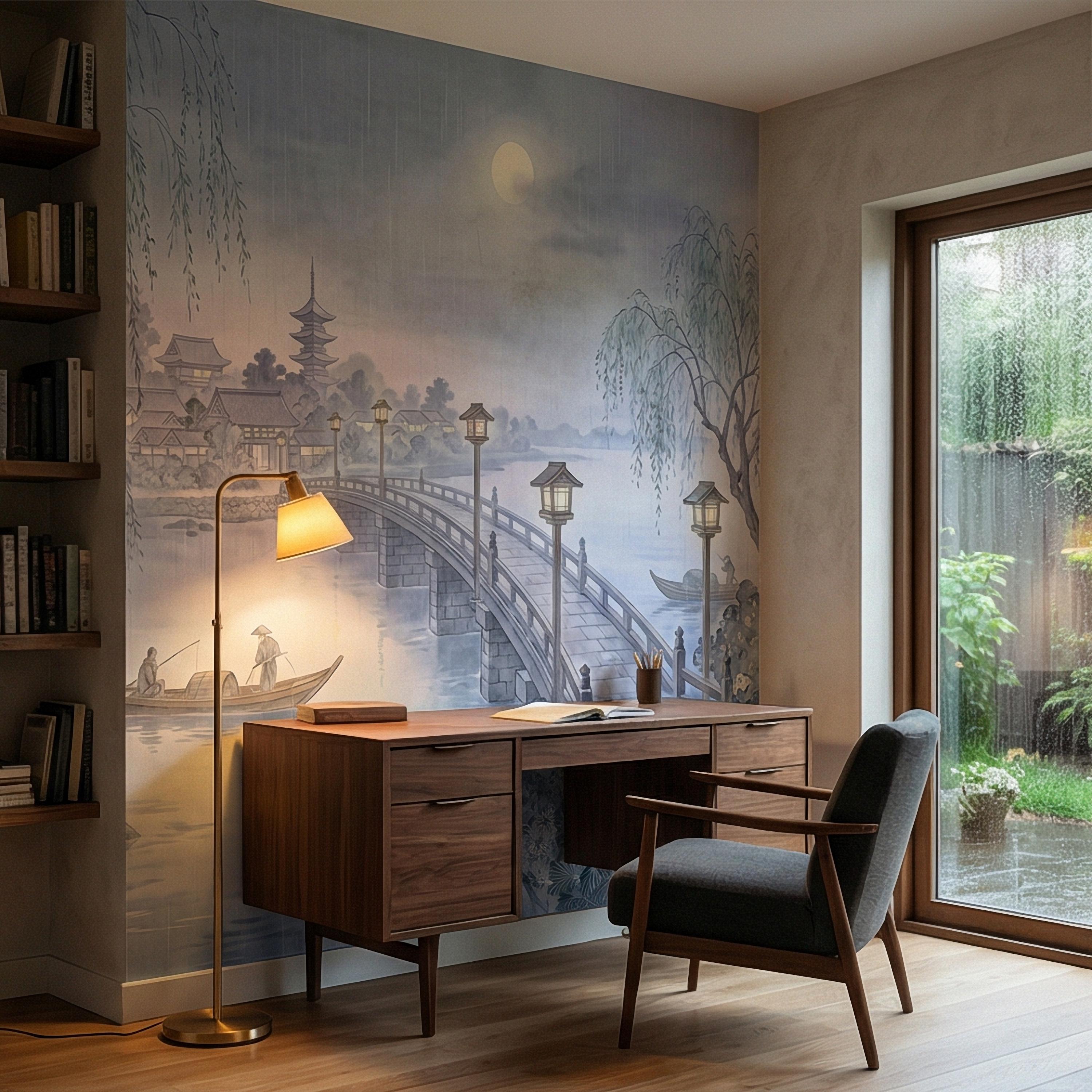 Japanese Landscape Peel and Stick Wall Mural, Moonlit Bridge Pagoda Village, Rainy Willow Lake Scene, Serene Blue Wallpaper