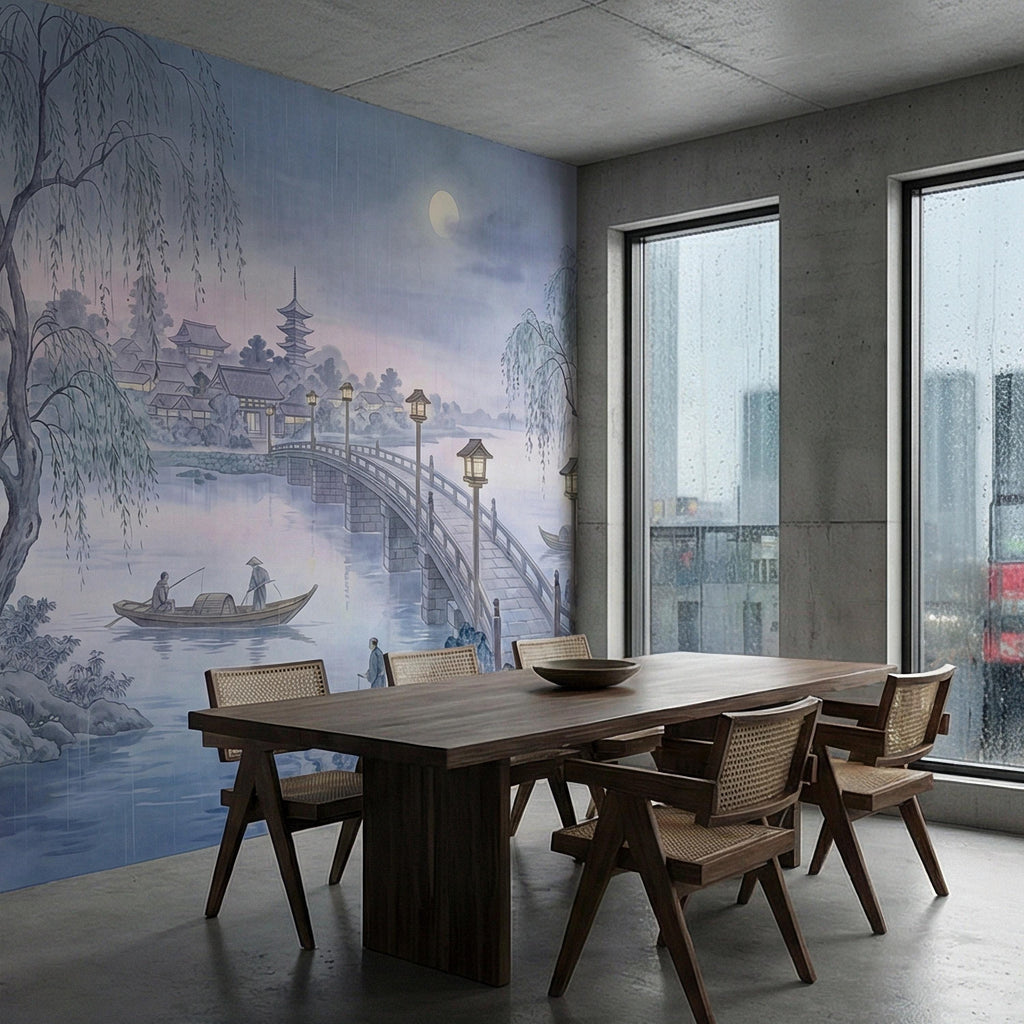 Japanese Landscape Peel and Stick Wall Mural, Moonlit Bridge Pagoda Village, Rainy Willow Lake Scene, Serene Blue Wallpaper