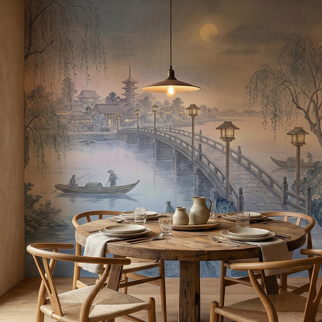 Japanese Landscape Peel and Stick Wall Mural, Moonlit Bridge Pagoda Village, Rainy Willow Lake Scene, Serene Blue Wallpaper
