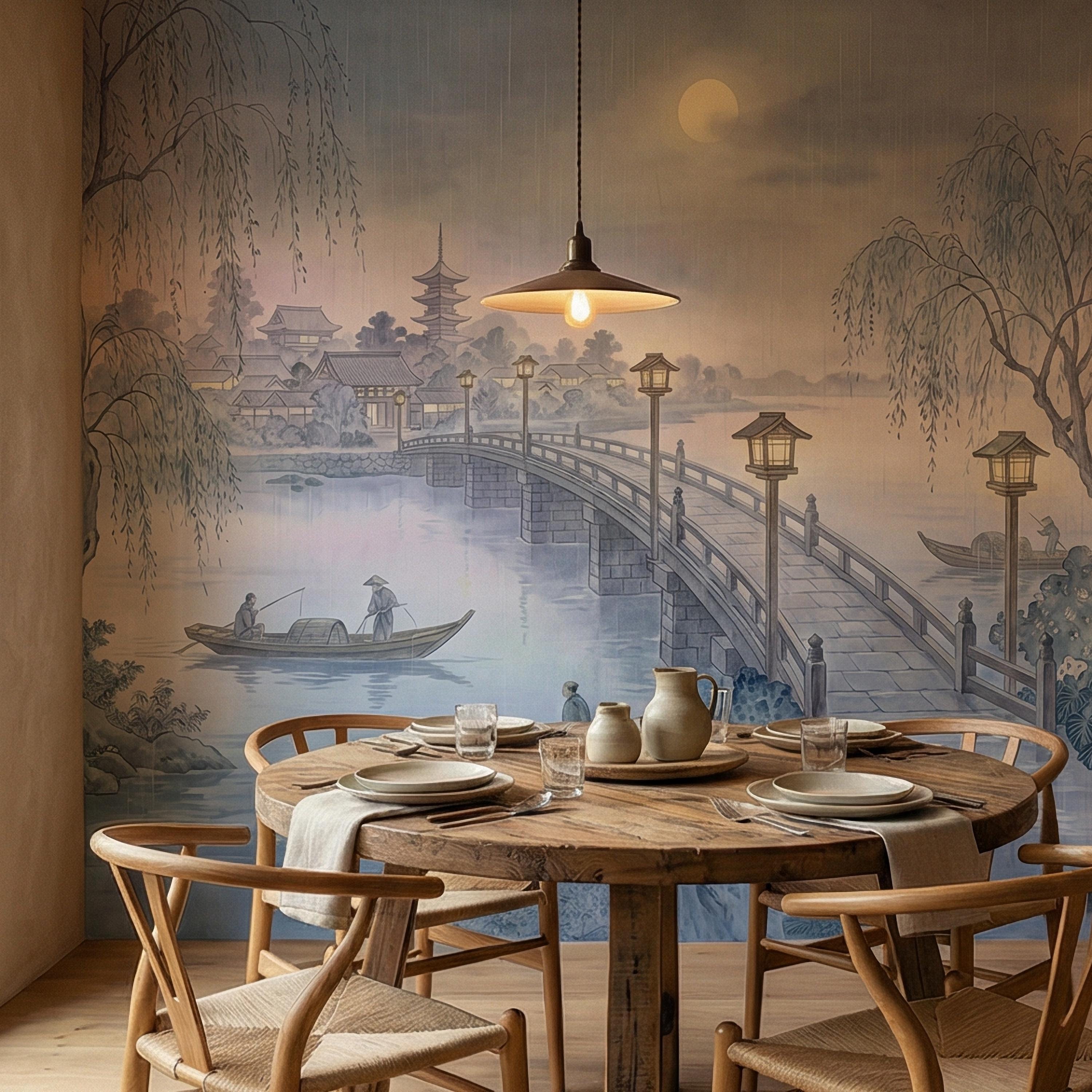Japanese Landscape Peel and Stick Wall Mural, Moonlit Bridge Pagoda Village, Rainy Willow Lake Scene, Serene Blue Wallpaper