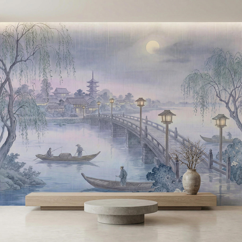 Japanese Landscape Peel and Stick Wall Mural, Moonlit Bridge Pagoda Village, Rainy Willow Lake Scene, Serene Blue Wallpaper