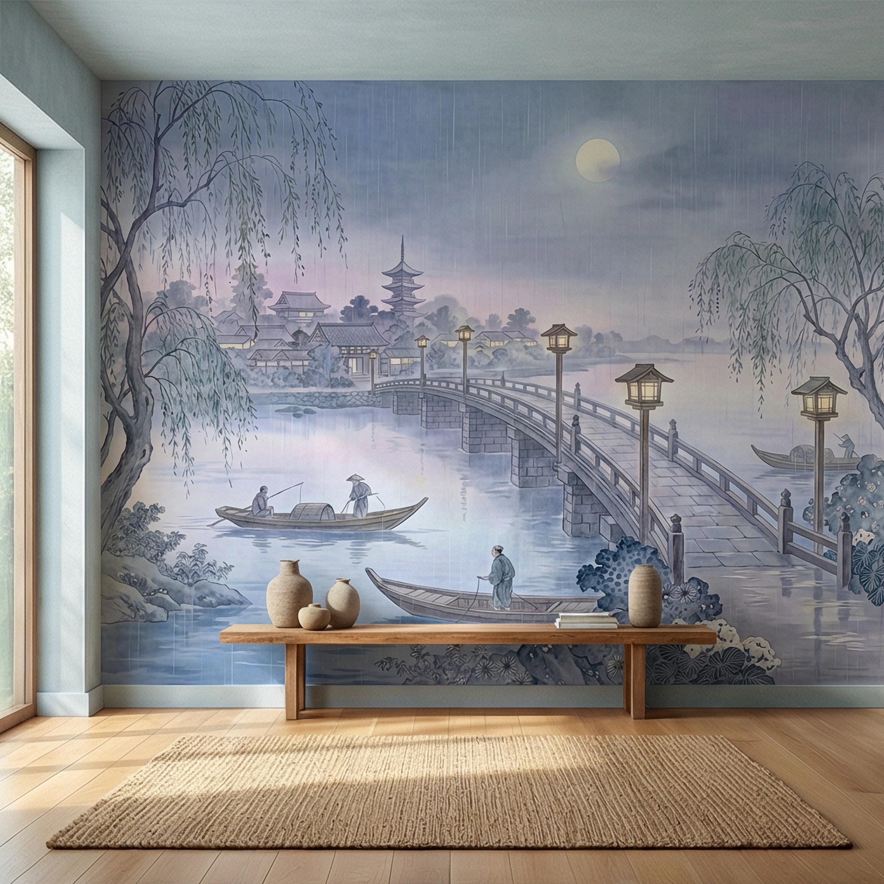 Japanese Landscape Peel and Stick Wall Mural, Moonlit Bridge Pagoda Village, Rainy Willow Lake Scene, Serene Blue Wallpaper