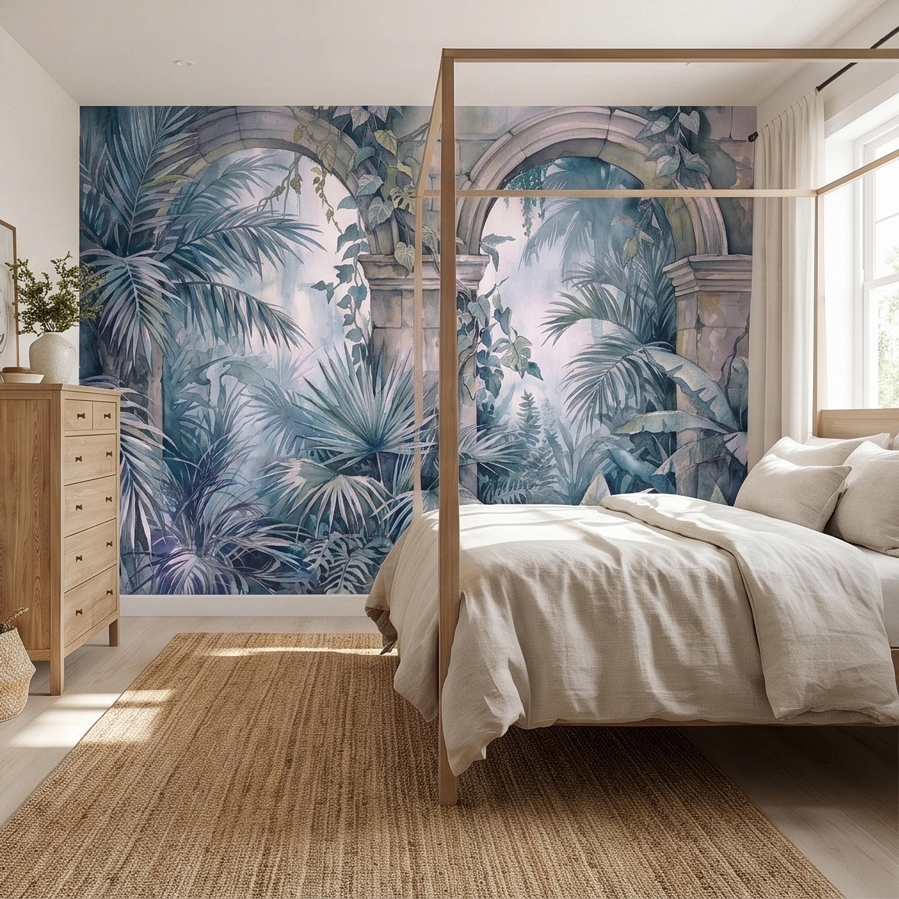 Watercolor Tropical Archway Peel and Stick Wall Mural, Misty Jungle Stone Ruins with Palms Vines & Ferns Moody Overgrown Botanical Wallpaper