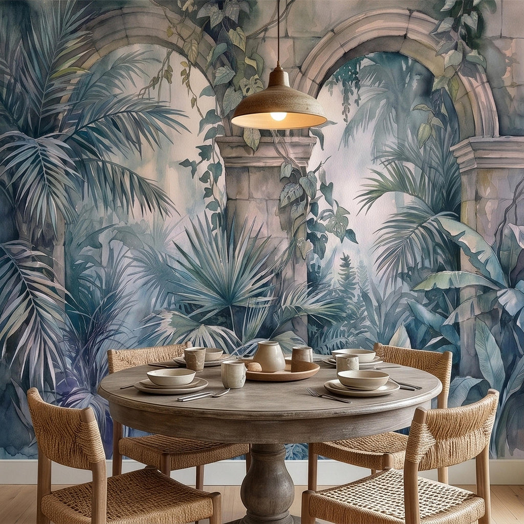 Watercolor Tropical Archway Peel and Stick Wall Mural, Misty Jungle Stone Ruins with Palms Vines & Ferns Moody Overgrown Botanical Wallpaper