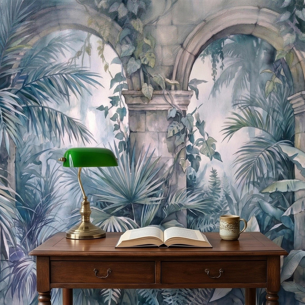 Watercolor Tropical Archway Peel and Stick Wall Mural, Misty Jungle Stone Ruins with Palms Vines & Ferns Moody Overgrown Botanical Wallpaper