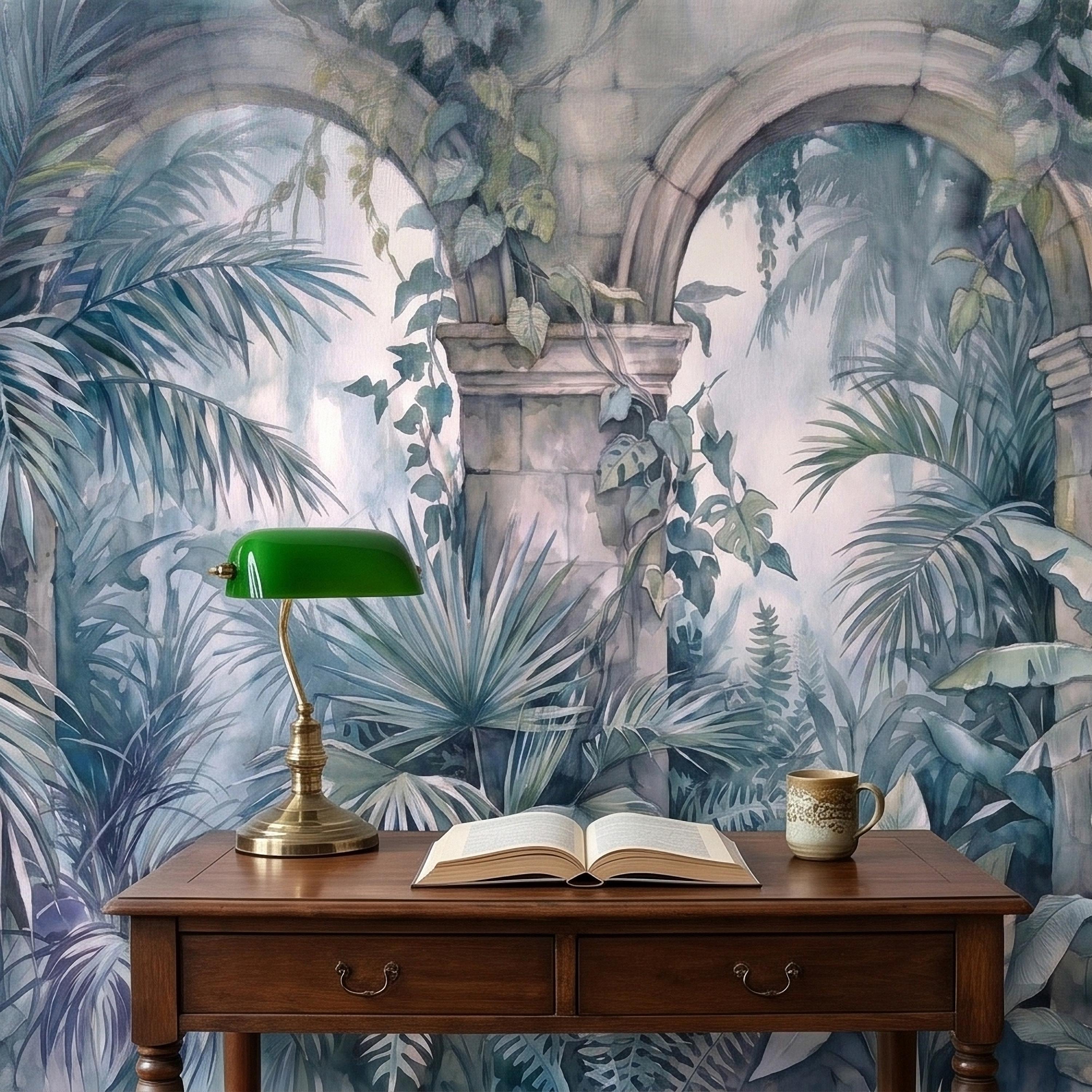 Watercolor Tropical Archway Peel and Stick Wall Mural, Misty Jungle Stone Ruins with Palms Vines & Ferns Moody Overgrown Botanical Wallpaper