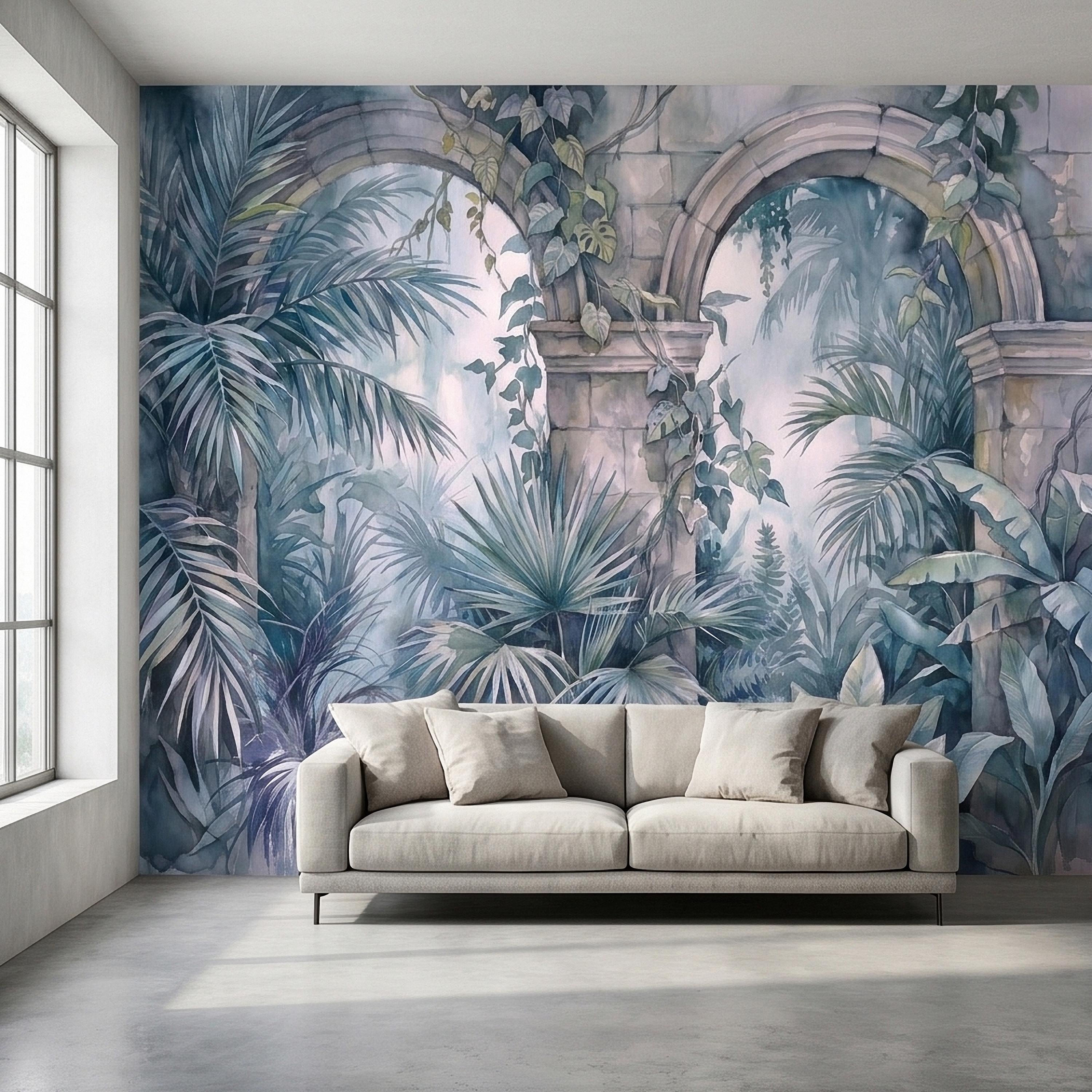 Watercolor Tropical Archway Peel and Stick Wall Mural, Misty Jungle Stone Ruins with Palms Vines & Ferns Moody Overgrown Botanical Wallpaper