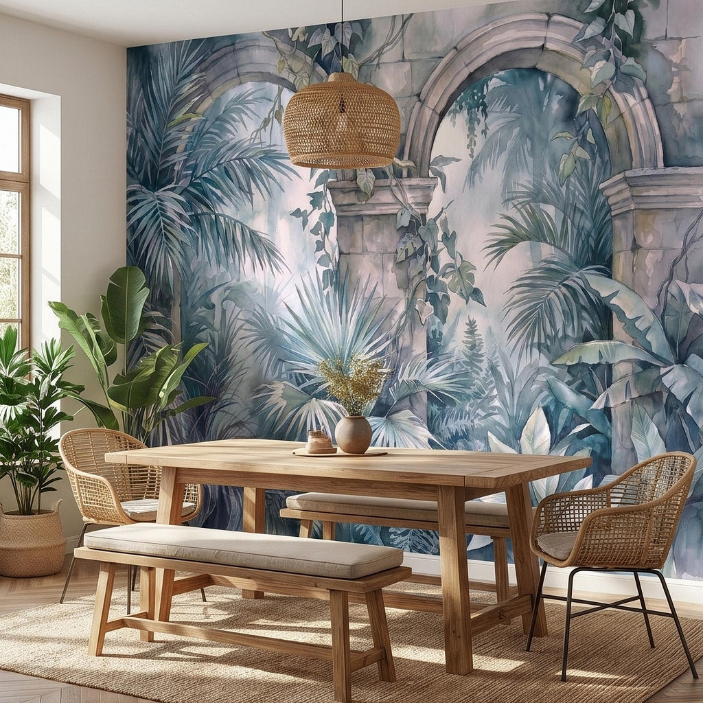 Watercolor Tropical Archway Peel and Stick Wall Mural, Misty Jungle Stone Ruins with Palms Vines & Ferns Moody Overgrown Botanical Wallpaper