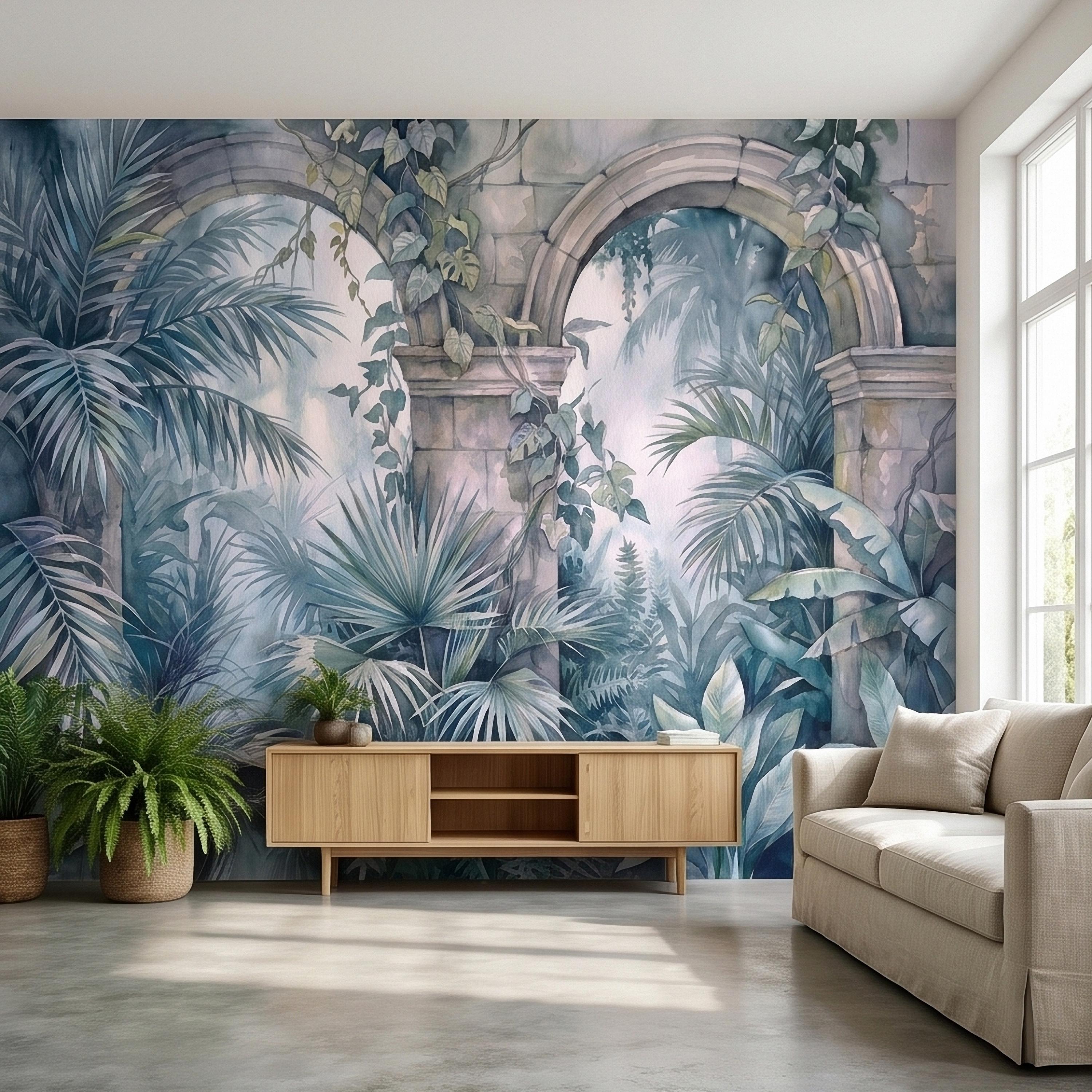 Watercolor Tropical Archway Peel and Stick Wall Mural, Misty Jungle Stone Ruins with Palms Vines & Ferns Moody Overgrown Botanical Wallpaper