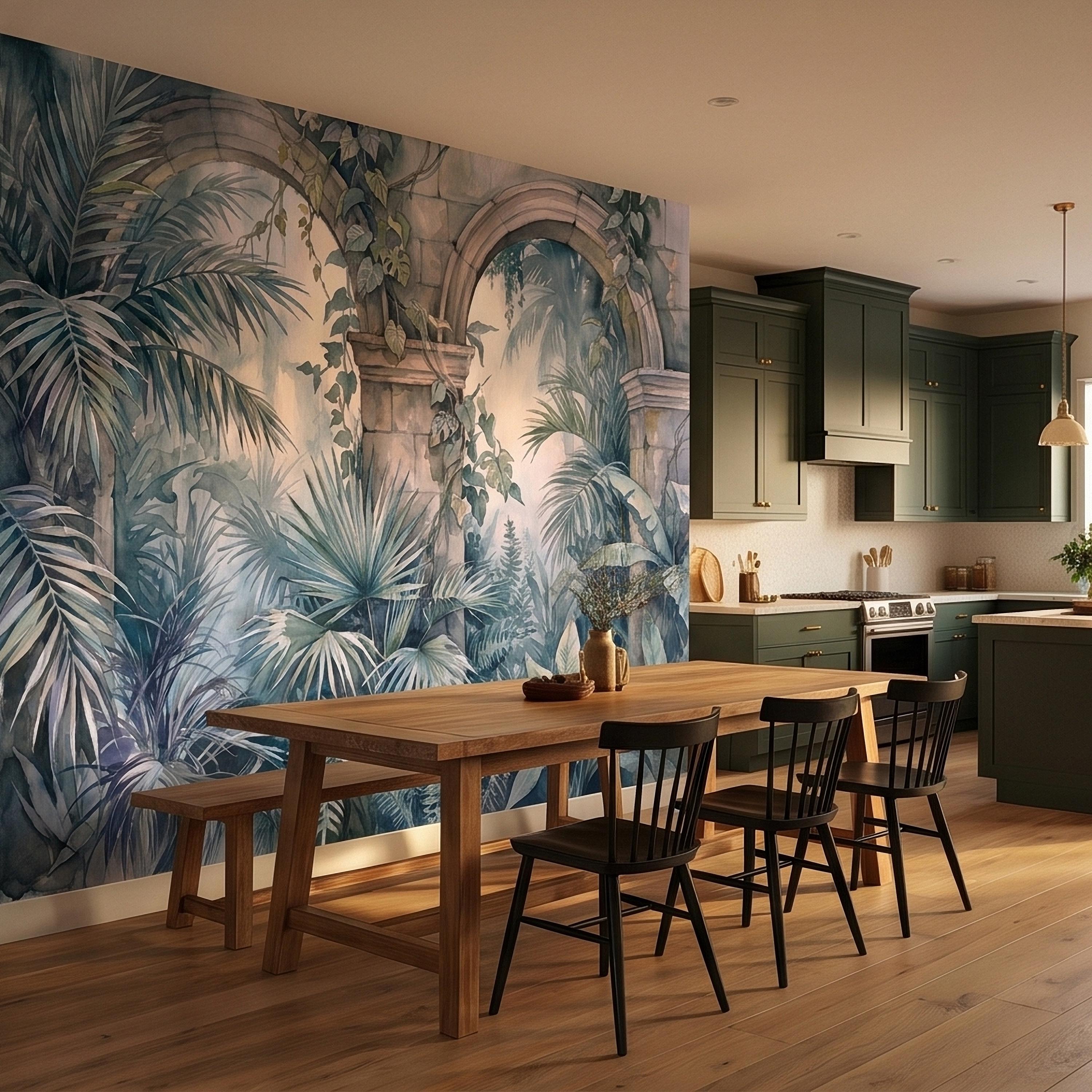 Watercolor Tropical Archway Peel and Stick Wall Mural, Misty Jungle Stone Ruins with Palms Vines & Ferns Moody Overgrown Botanical Wallpaper