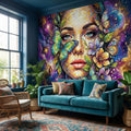 Celestial Butterfly Peel and Stick Wall Mural, Colorful Mosaic Woman Portrait, Cosmic Floral Galaxy Face, Fantasy Wallpaper