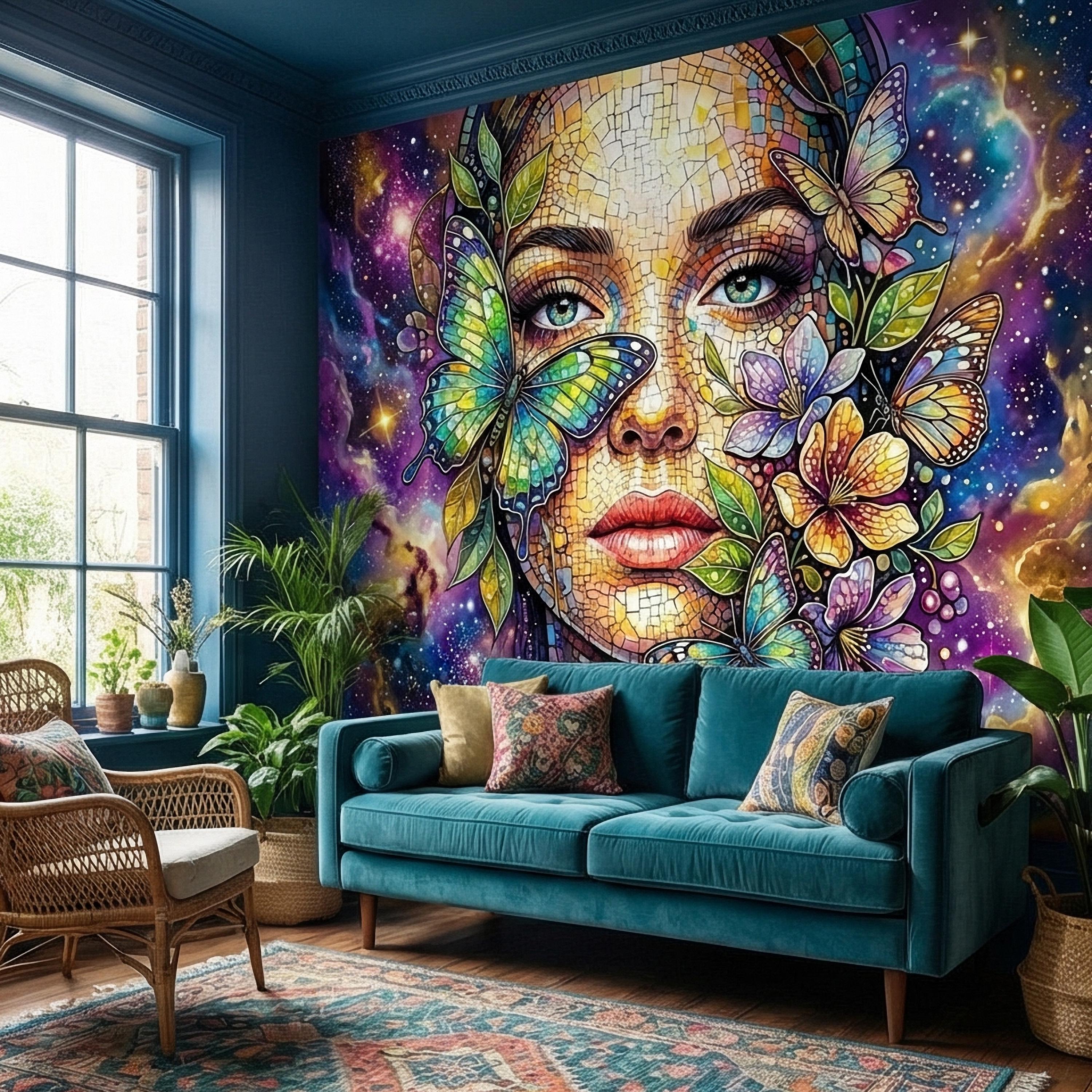 Celestial Butterfly Peel and Stick Wall Mural, Colorful Mosaic Woman Portrait, Cosmic Floral Galaxy Face, Fantasy Wallpaper