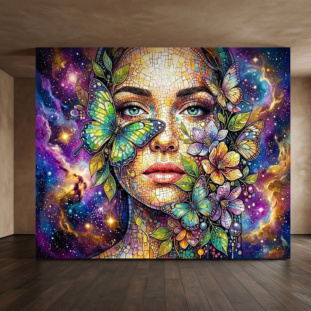 Celestial Butterfly Peel and Stick Wall Mural, Colorful Mosaic Woman Portrait, Cosmic Floral Galaxy Face, Fantasy Wallpaper
