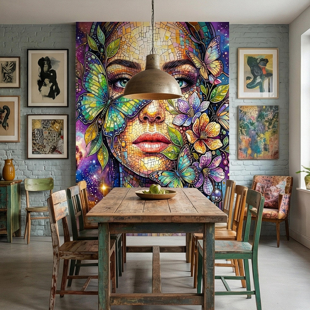 Celestial Butterfly Peel and Stick Wall Mural, Colorful Mosaic Woman Portrait, Cosmic Floral Galaxy Face, Fantasy Wallpaper