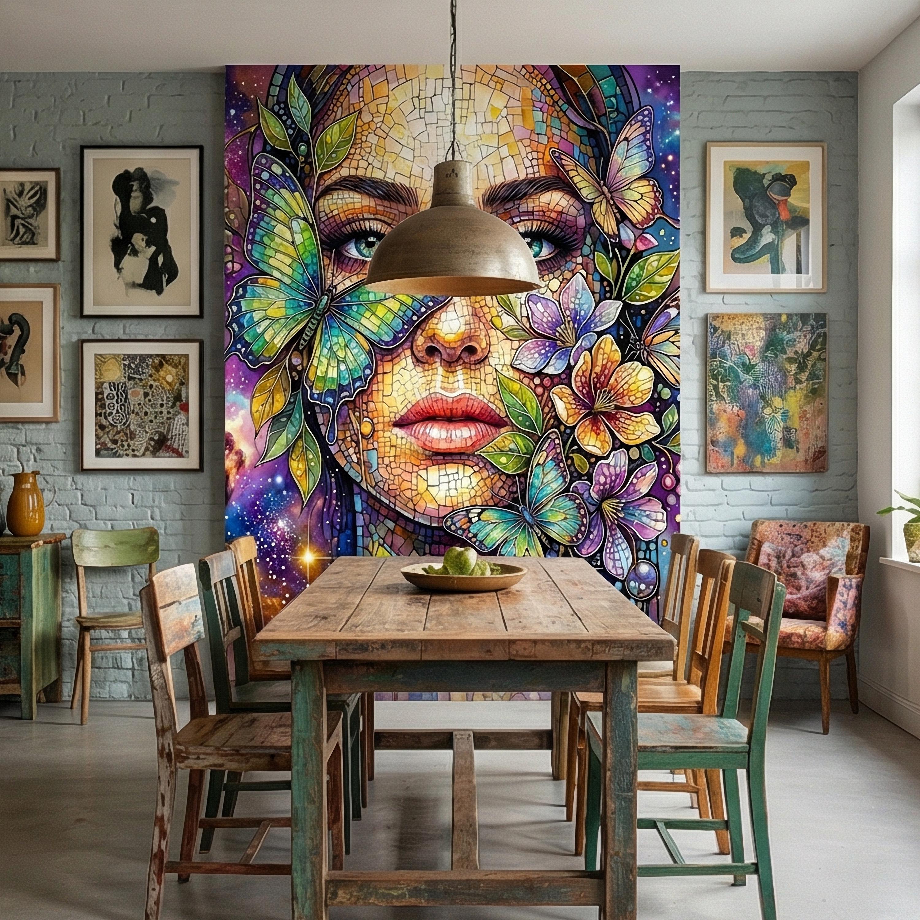 Celestial Butterfly Peel and Stick Wall Mural, Colorful Mosaic Woman Portrait, Cosmic Floral Galaxy Face, Fantasy Wallpaper