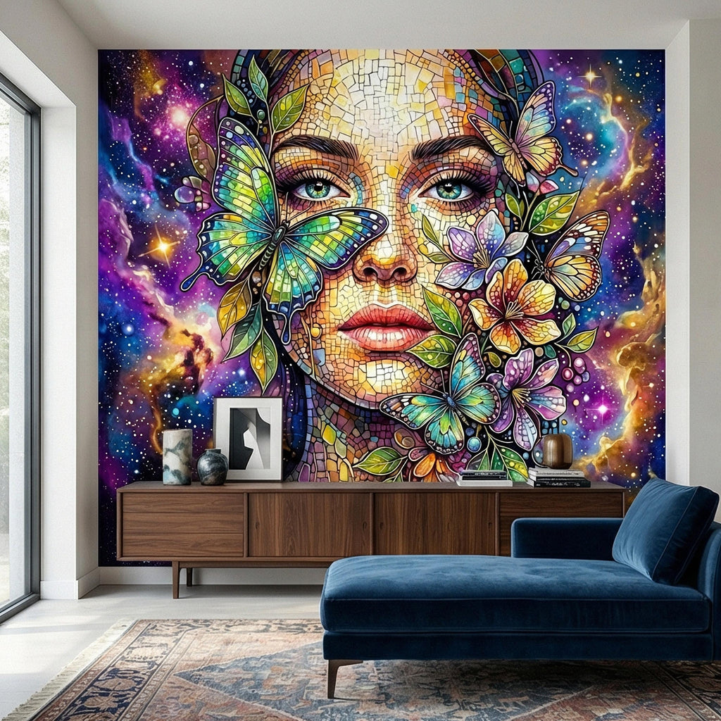 Celestial Butterfly Peel and Stick Wall Mural, Colorful Mosaic Woman Portrait, Cosmic Floral Galaxy Face, Fantasy Wallpaper