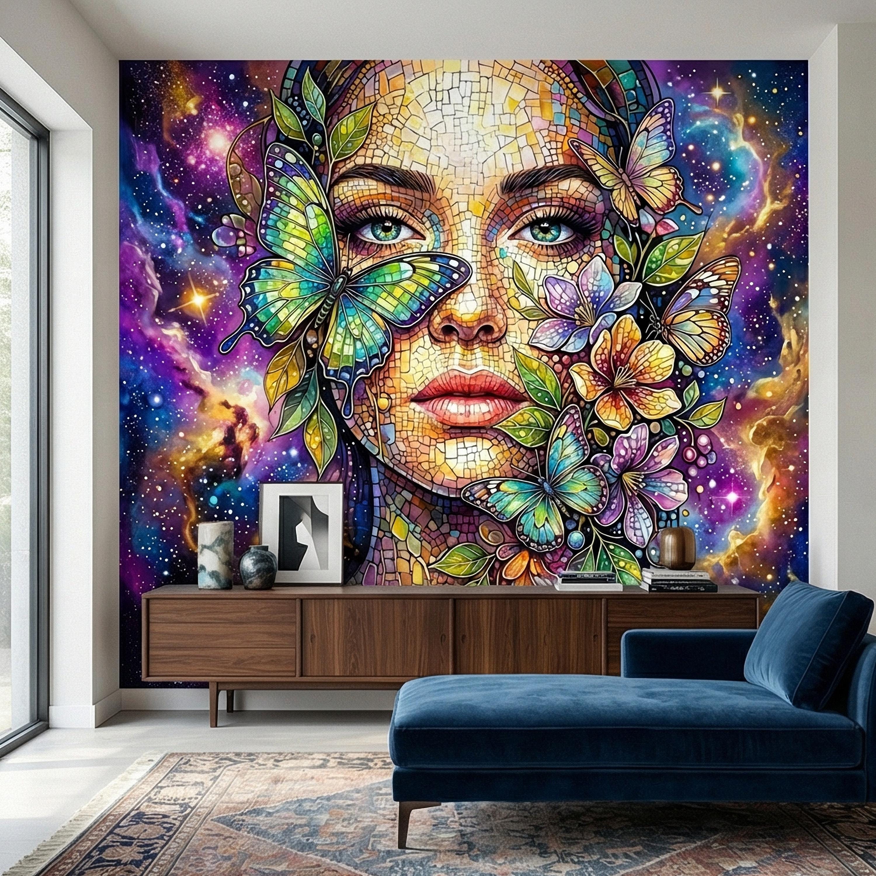 Celestial Butterfly Peel and Stick Wall Mural, Colorful Mosaic Woman Portrait, Cosmic Floral Galaxy Face, Fantasy Wallpaper