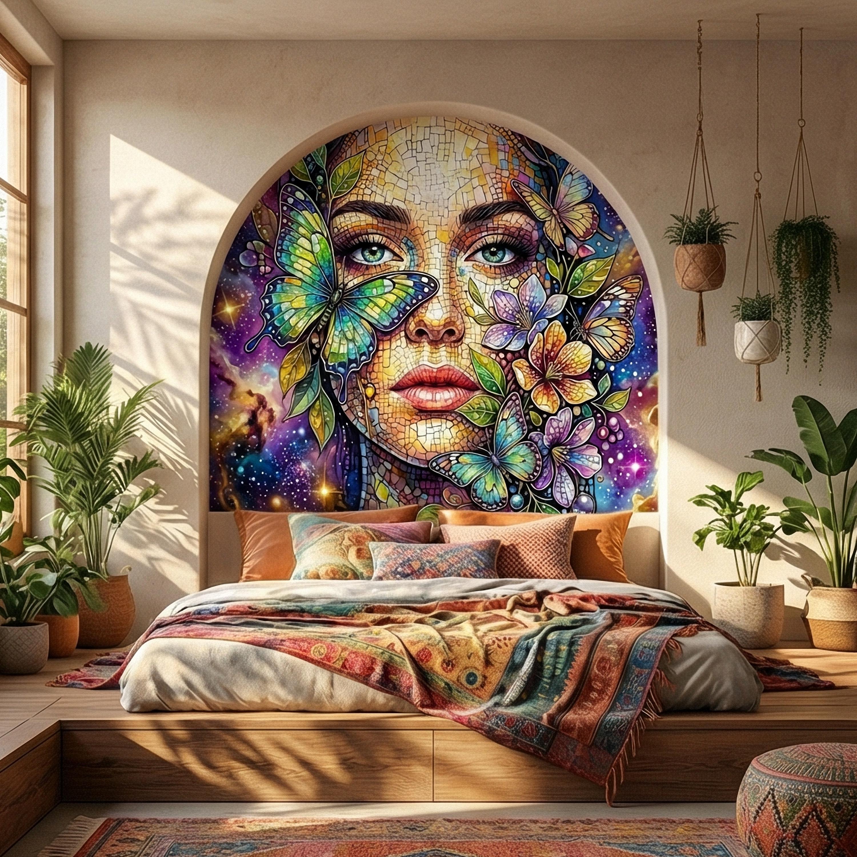 Celestial Butterfly Peel and Stick Wall Mural, Colorful Mosaic Woman Portrait, Cosmic Floral Galaxy Face, Fantasy Wallpaper