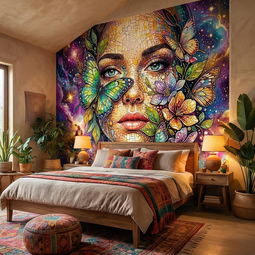 Celestial Butterfly Peel and Stick Wall Mural, Colorful Mosaic Woman Portrait, Cosmic Floral Galaxy Face, Fantasy Wallpaper