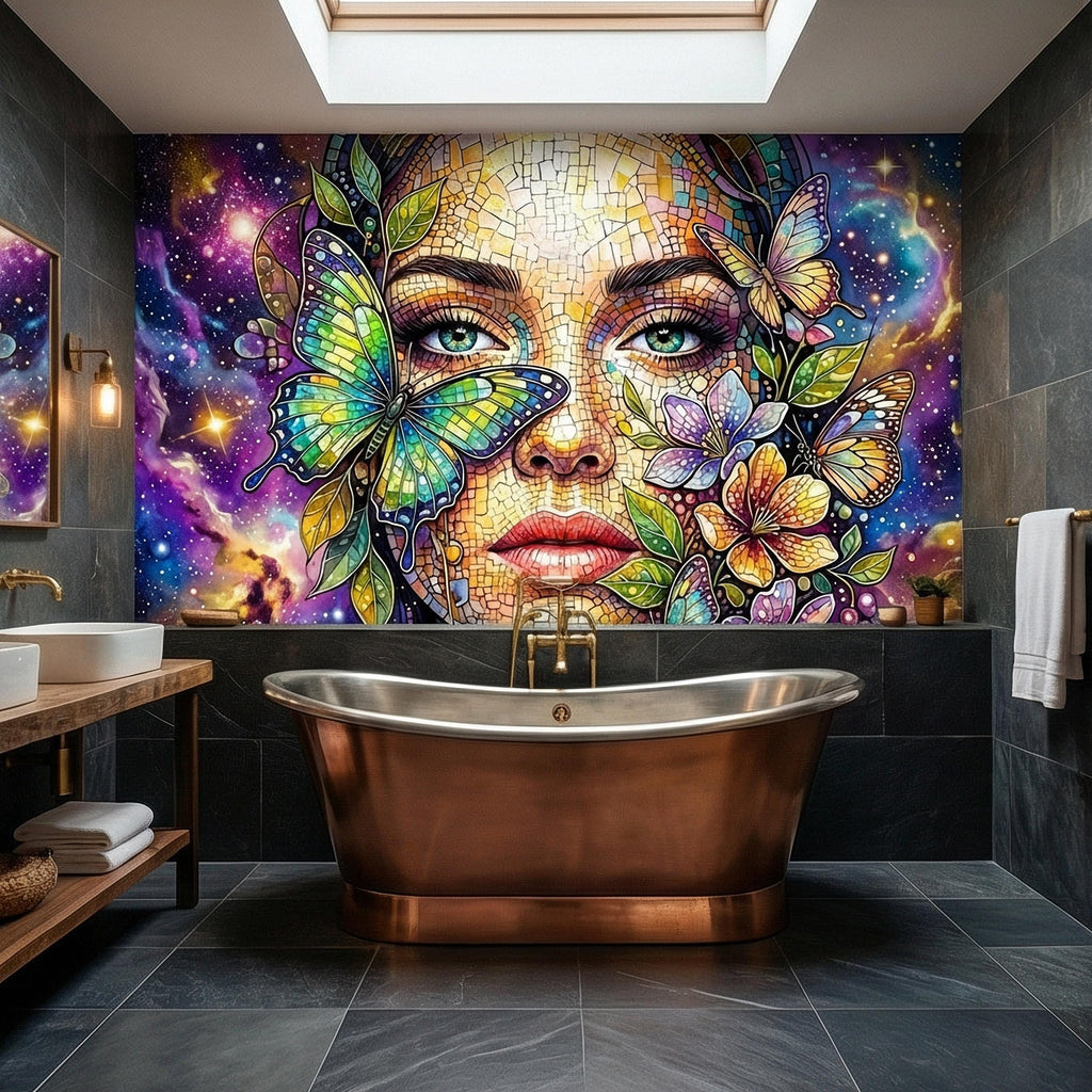 Celestial Butterfly Peel and Stick Wall Mural, Colorful Mosaic Woman Portrait, Cosmic Floral Galaxy Face, Fantasy Wallpaper