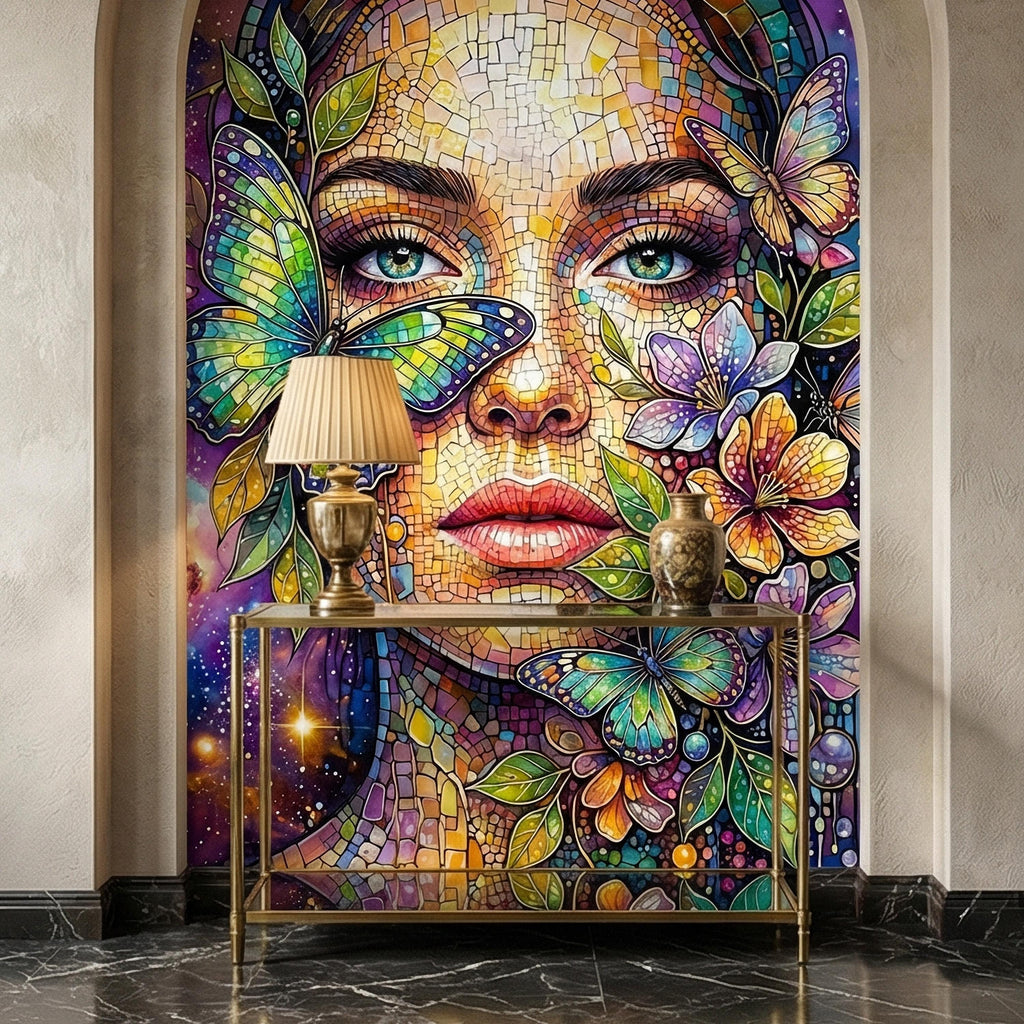 Celestial Butterfly Peel and Stick Wall Mural, Colorful Mosaic Woman Portrait, Cosmic Floral Galaxy Face, Fantasy Wallpaper