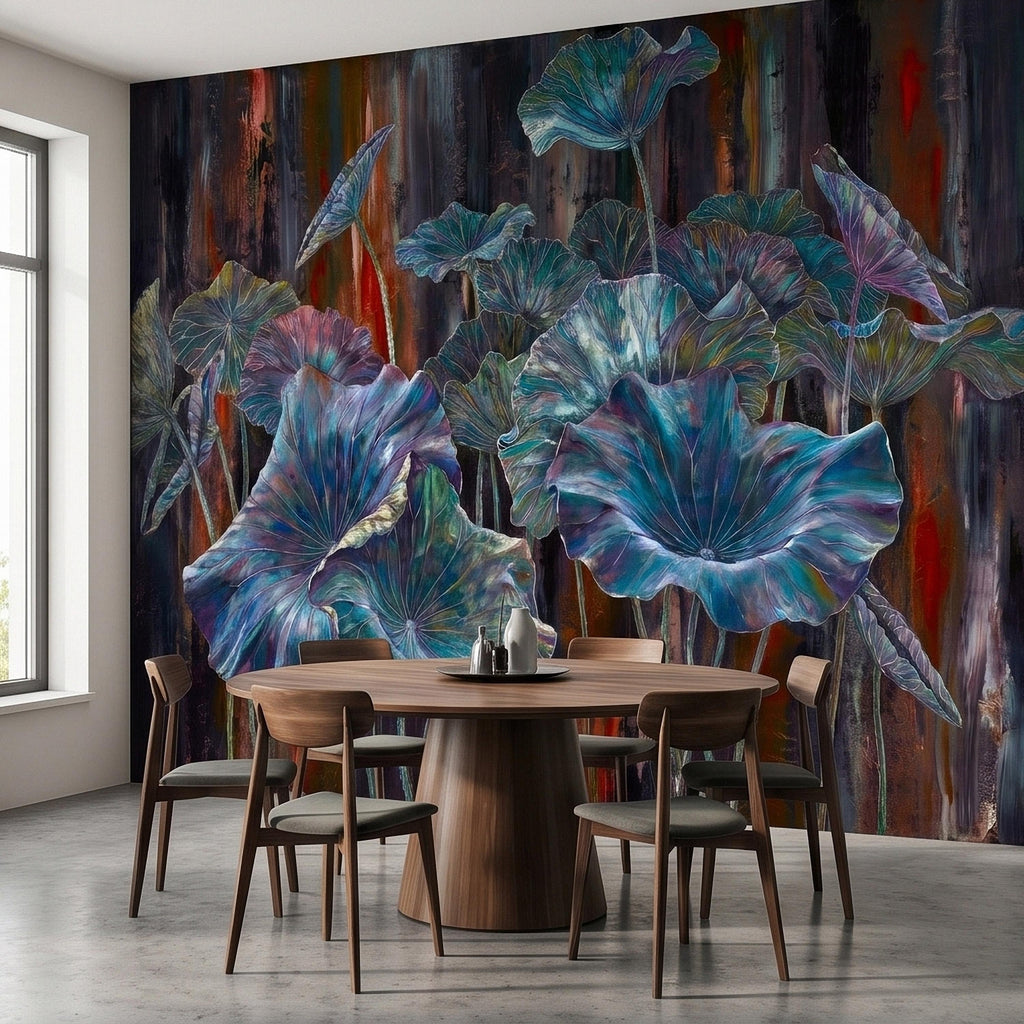 Iridescent Lotus Leaves Peel and Stick Wall Mural, Moody Dark Botanical Water Lily Painting, Teal Blue Purple Abstract Floral Art Wallpaper
