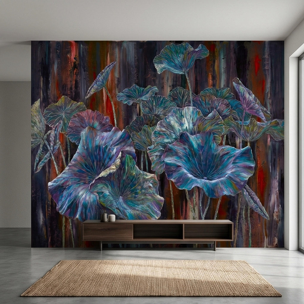Iridescent Lotus Leaves Peel and Stick Wall Mural, Moody Dark Botanical Water Lily Painting, Teal Blue Purple Abstract Floral Art Wallpaper