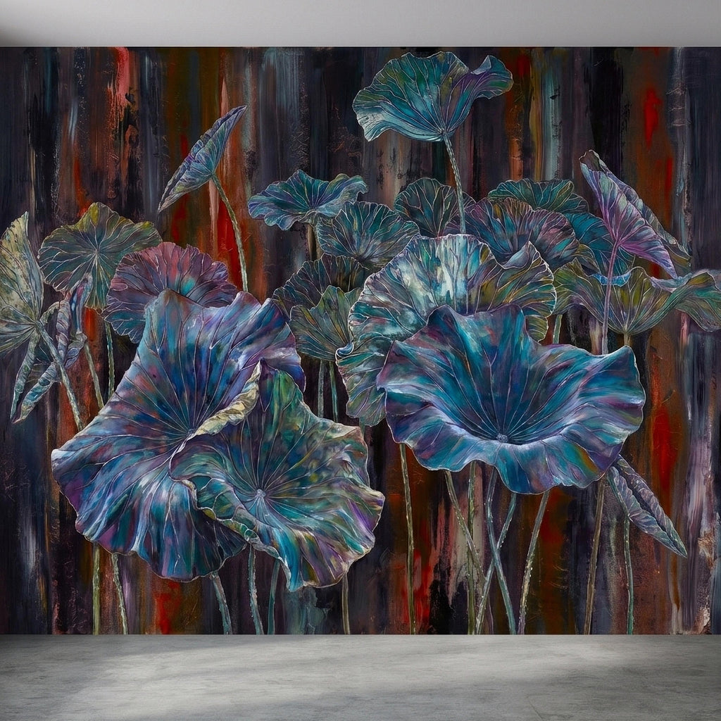 Iridescent Lotus Leaves Peel and Stick Wall Mural, Moody Dark Botanical Water Lily Painting, Teal Blue Purple Abstract Floral Art Wallpaper