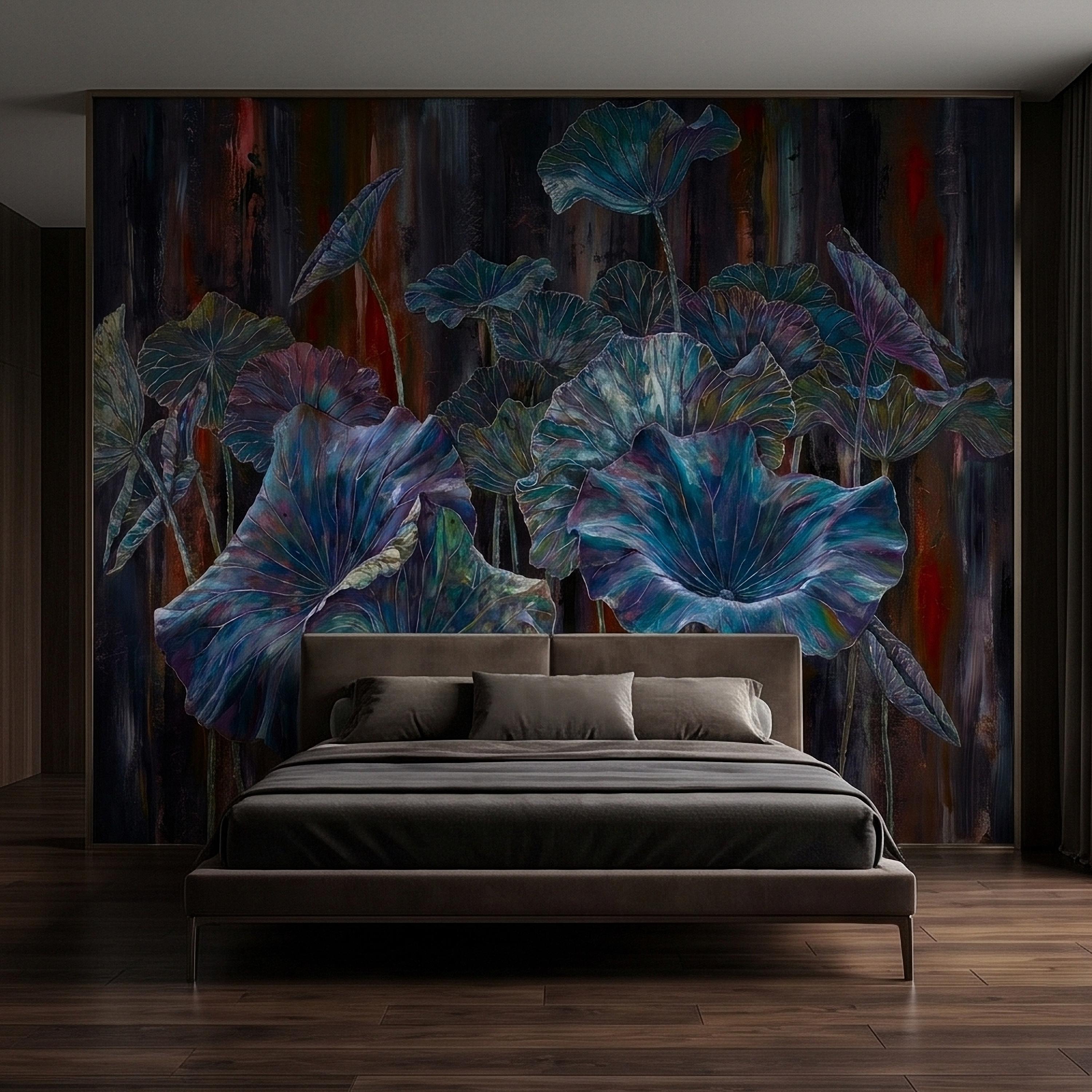 Iridescent Lotus Leaves Peel and Stick Wall Mural, Moody Dark Botanical Water Lily Painting, Teal Blue Purple Abstract Floral Art Wallpaper