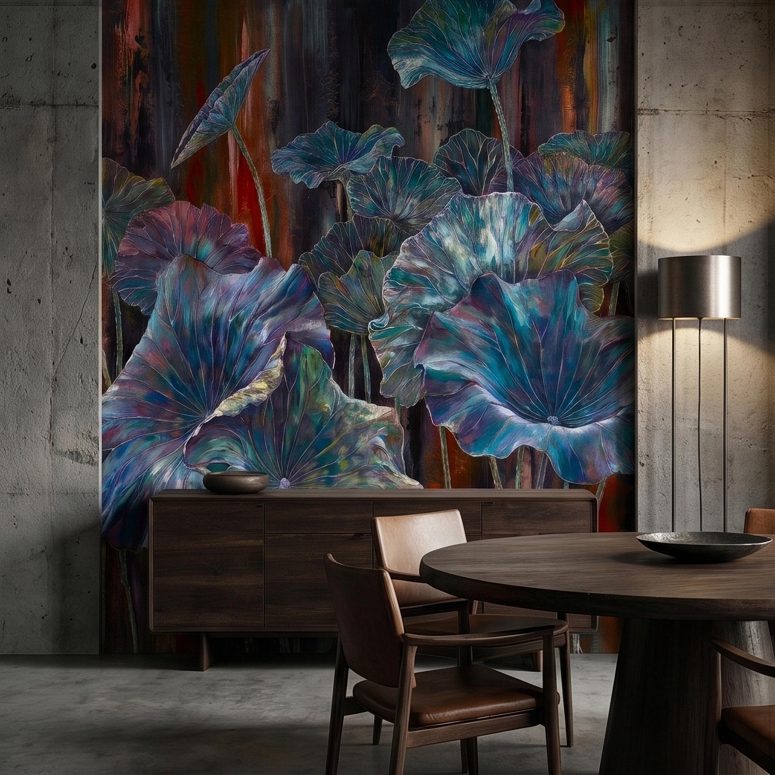 Iridescent Lotus Leaves Peel and Stick Wall Mural, Moody Dark Botanical Water Lily Painting, Teal Blue Purple Abstract Floral Art Wallpaper