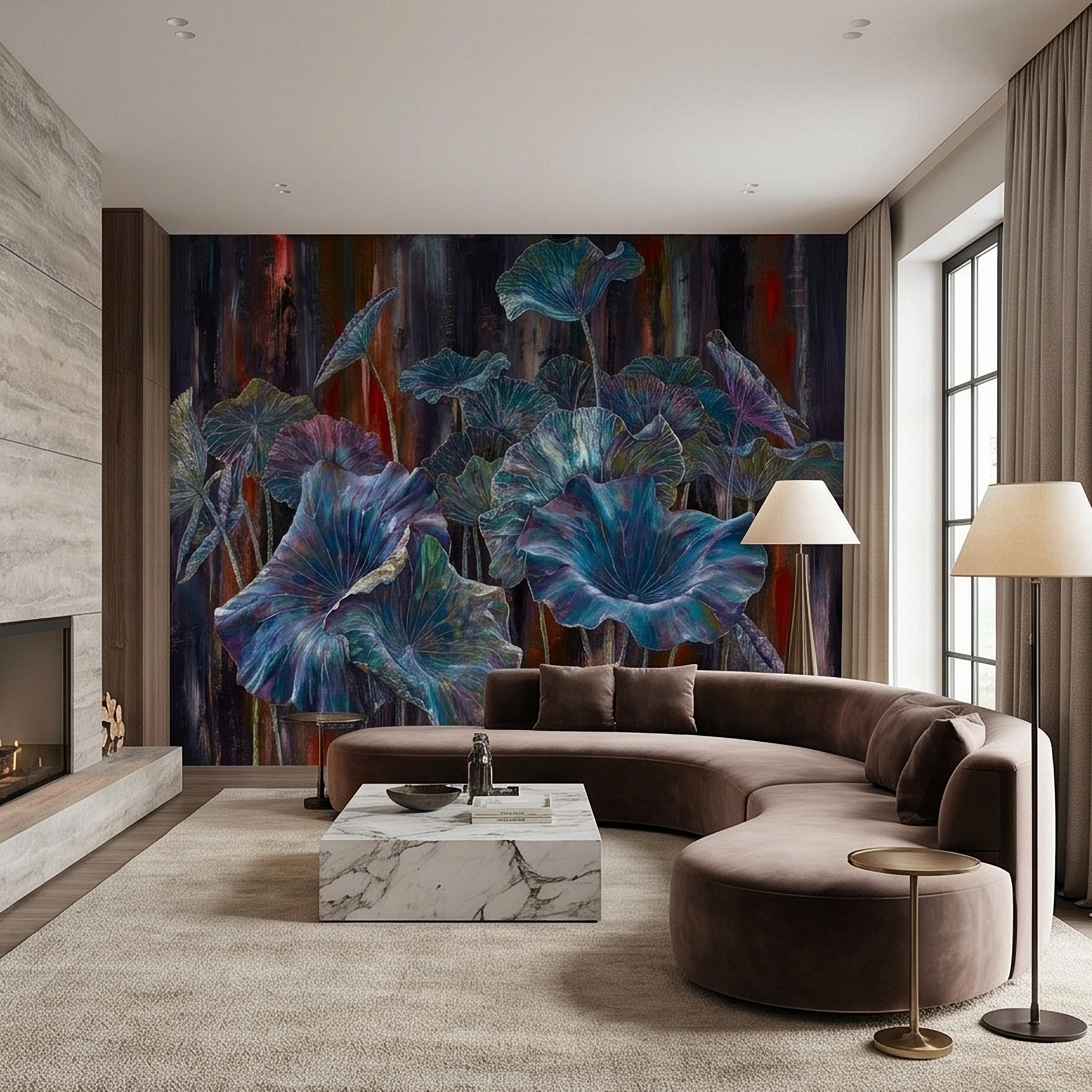 Iridescent Lotus Leaves Peel and Stick Wall Mural, Moody Dark Botanical Water Lily Painting, Teal Blue Purple Abstract Floral Art Wallpaper