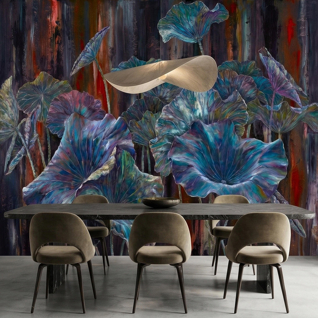 Iridescent Lotus Leaves Peel and Stick Wall Mural, Moody Dark Botanical Water Lily Painting, Teal Blue Purple Abstract Floral Art Wallpaper