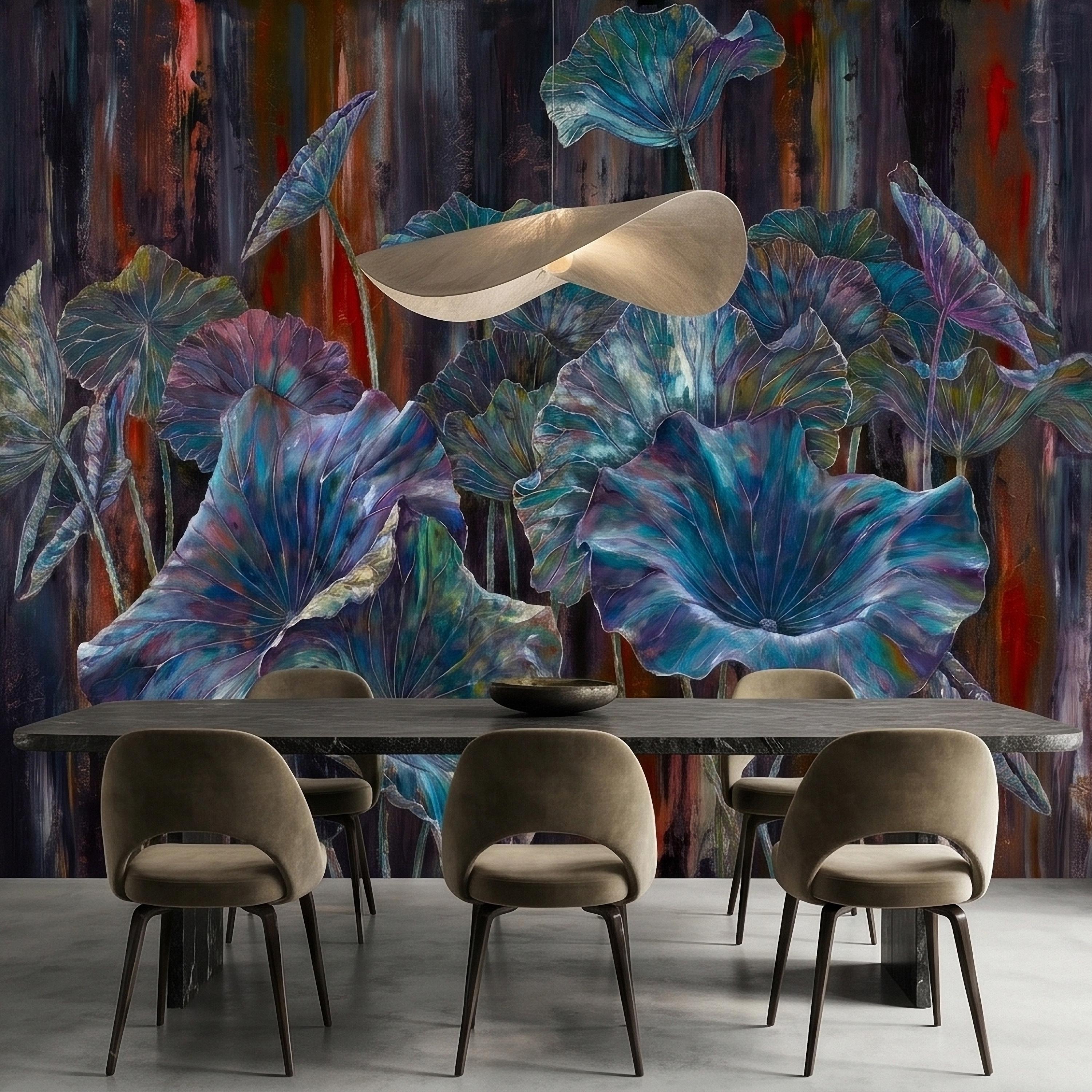 Iridescent Lotus Leaves Peel and Stick Wall Mural, Moody Dark Botanical Water Lily Painting, Teal Blue Purple Abstract Floral Art Wallpaper