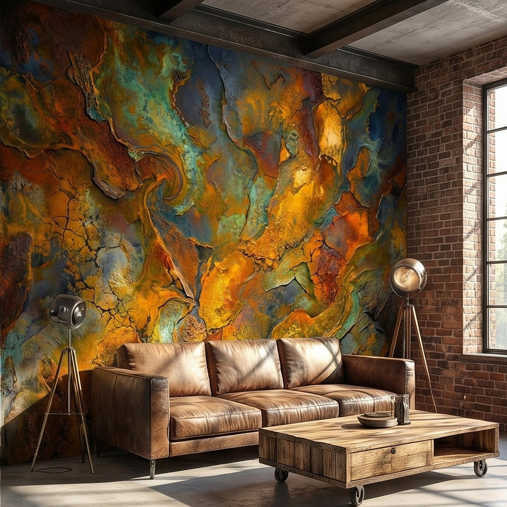 Abstract Patina Peel and Stick Wall Mural, Copper Rust Teal Gold Cracked Plaster Texture, Oxidized Metal Industrial Abstract Art Wallpaper