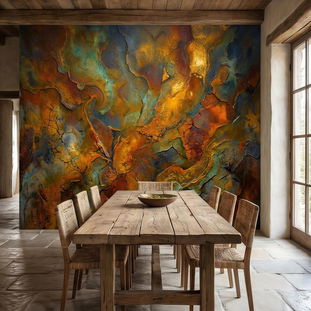 Abstract Patina Peel and Stick Wall Mural, Copper Rust Teal Gold Cracked Plaster Texture, Oxidized Metal Industrial Abstract Art Wallpaper
