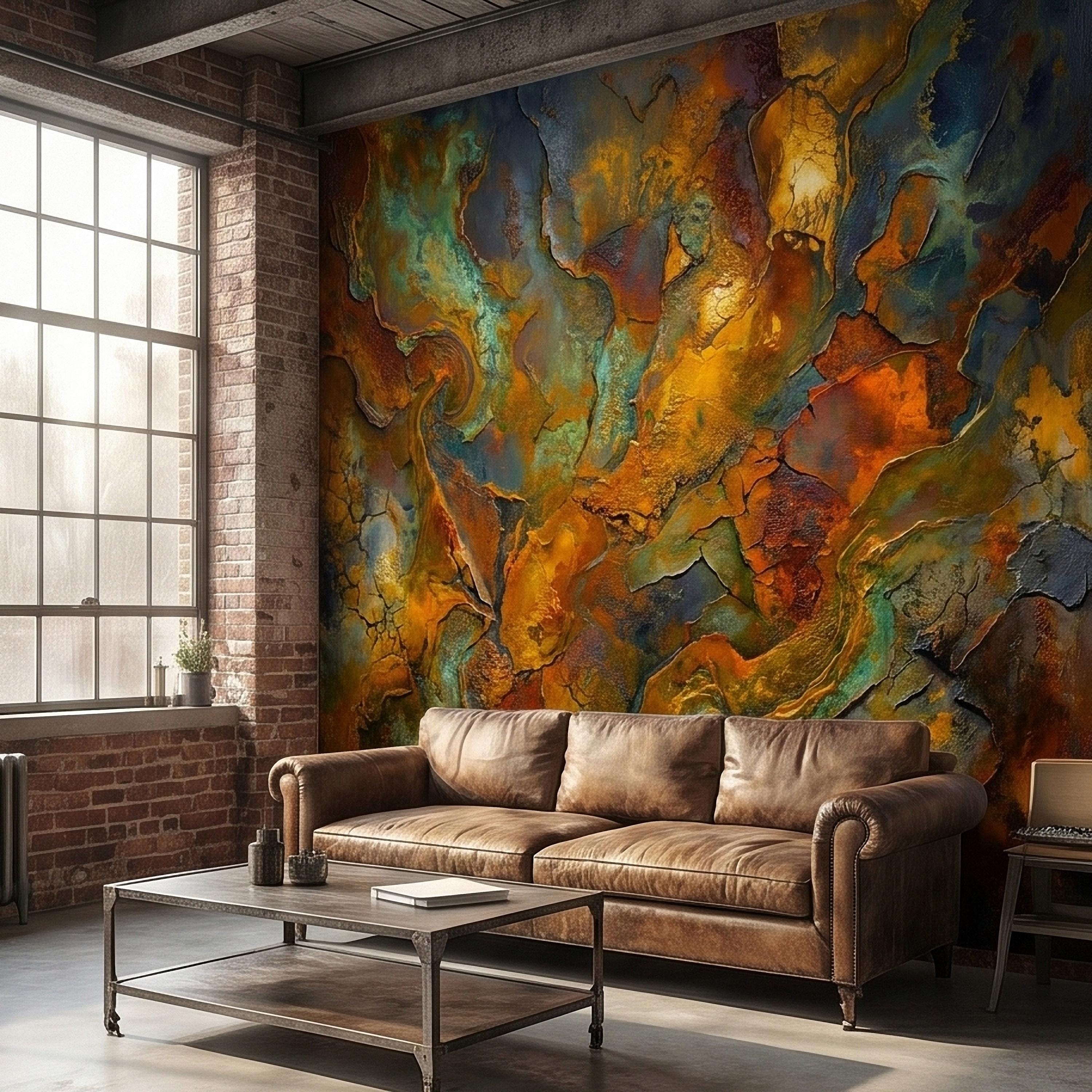 Abstract Patina Peel and Stick Wall Mural, Copper Rust Teal Gold Cracked Plaster Texture, Oxidized Metal Industrial Abstract Art Wallpaper