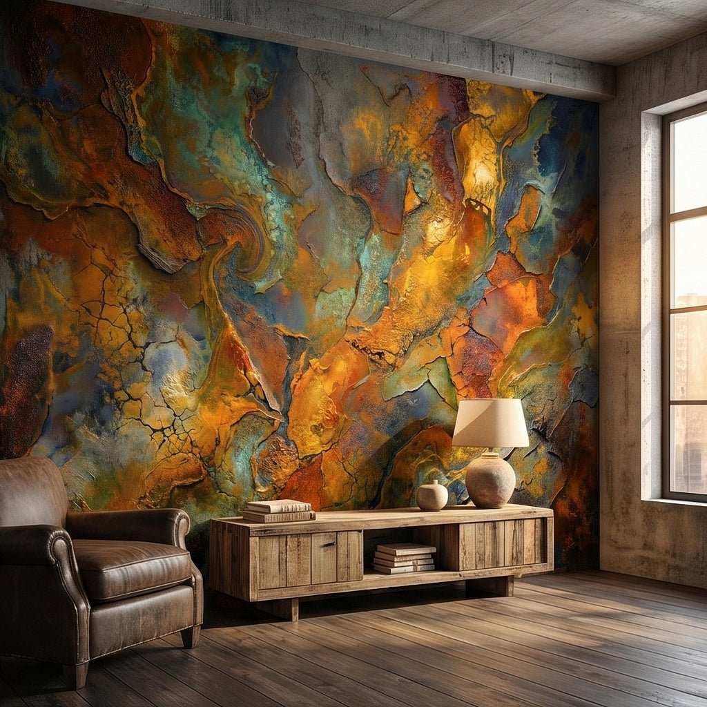Abstract Patina Peel and Stick Wall Mural, Copper Rust Teal Gold Cracked Plaster Texture, Oxidized Metal Industrial Abstract Art Wallpaper