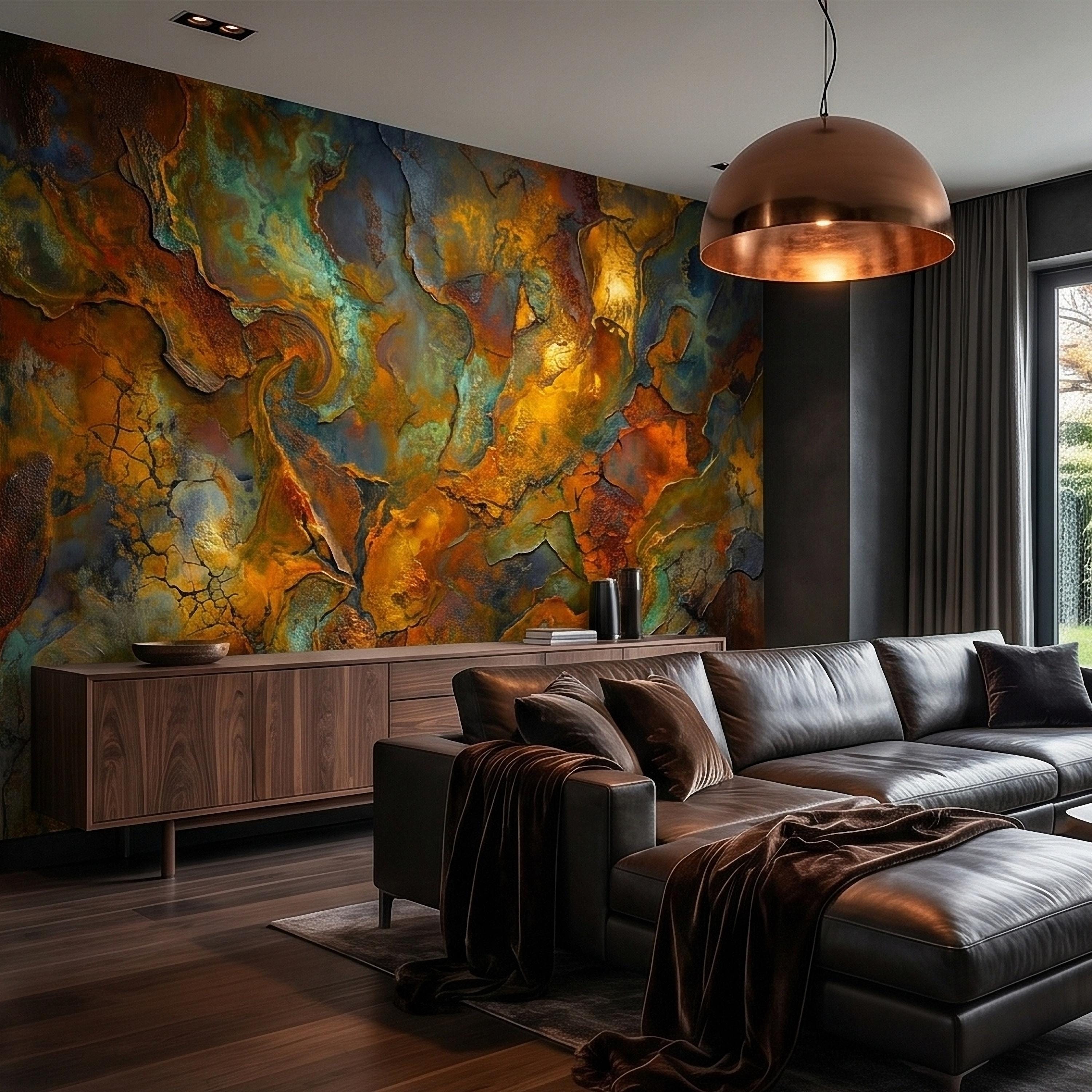 Abstract Patina Peel and Stick Wall Mural, Copper Rust Teal Gold Cracked Plaster Texture, Oxidized Metal Industrial Abstract Art Wallpaper