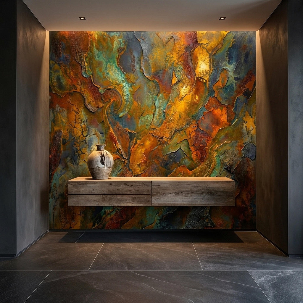 Abstract Patina Peel and Stick Wall Mural, Copper Rust Teal Gold Cracked Plaster Texture, Oxidized Metal Industrial Abstract Art Wallpaper