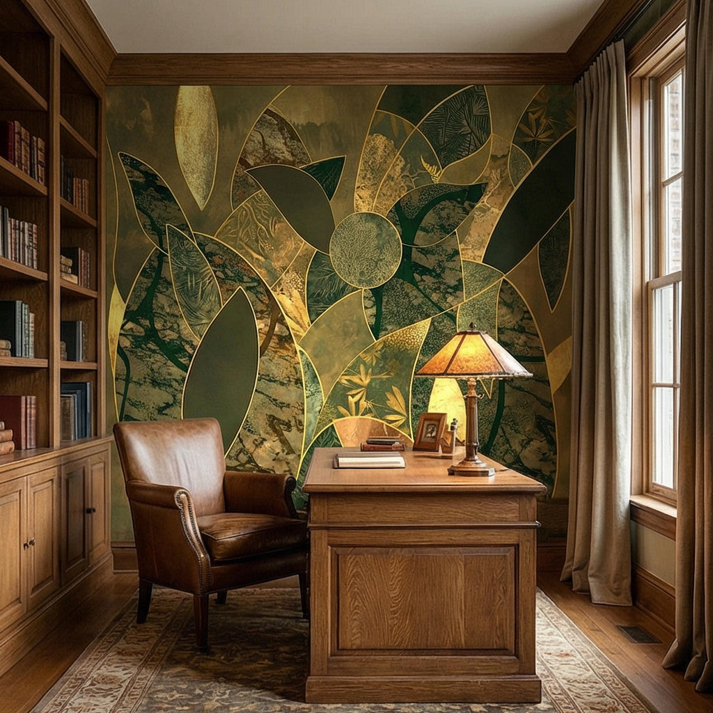 Art Deco Botanical Flower Peel and Stick Wall Mural, Dark Green Gold Abstract Geometric Floral, Large Scale Luxury Wallpaper