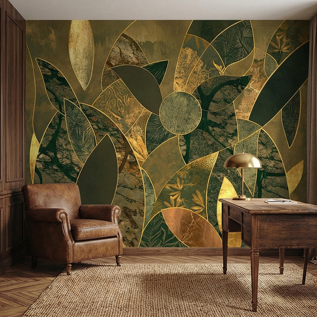 Art Deco Botanical Flower Peel and Stick Wall Mural, Dark Green Gold Abstract Geometric Floral, Large Scale Luxury Wallpaper