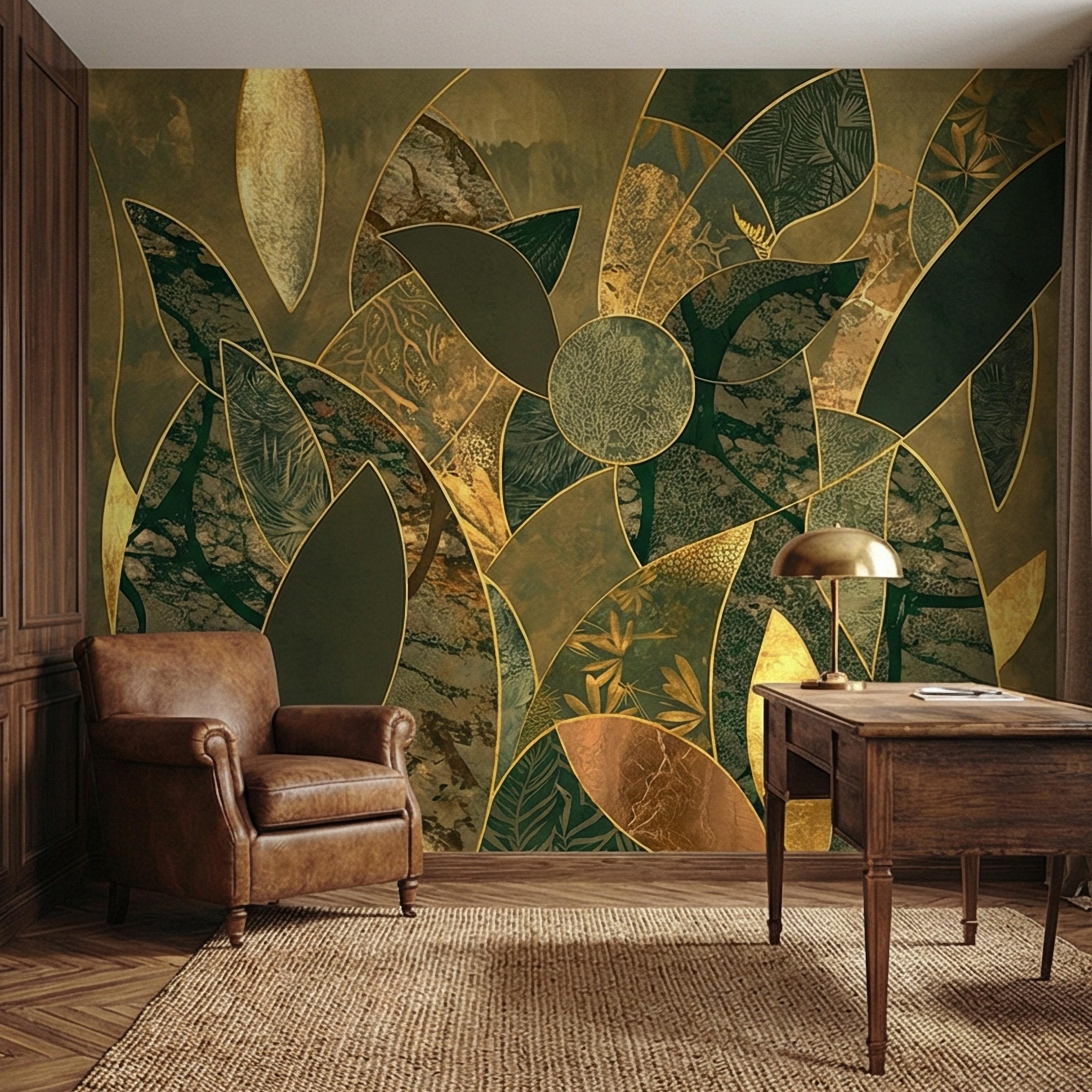 Art Deco Botanical Flower Peel and Stick Wall Mural, Dark Green Gold Abstract Geometric Floral, Large Scale Luxury Wallpaper