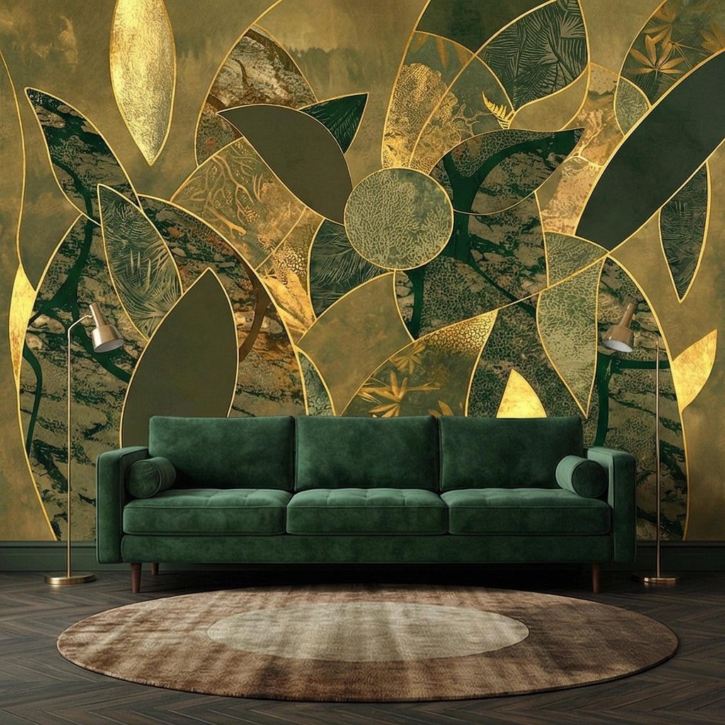 Art Deco Botanical Flower Peel and Stick Wall Mural, Dark Green Gold Abstract Geometric Floral, Large Scale Luxury Wallpaper
