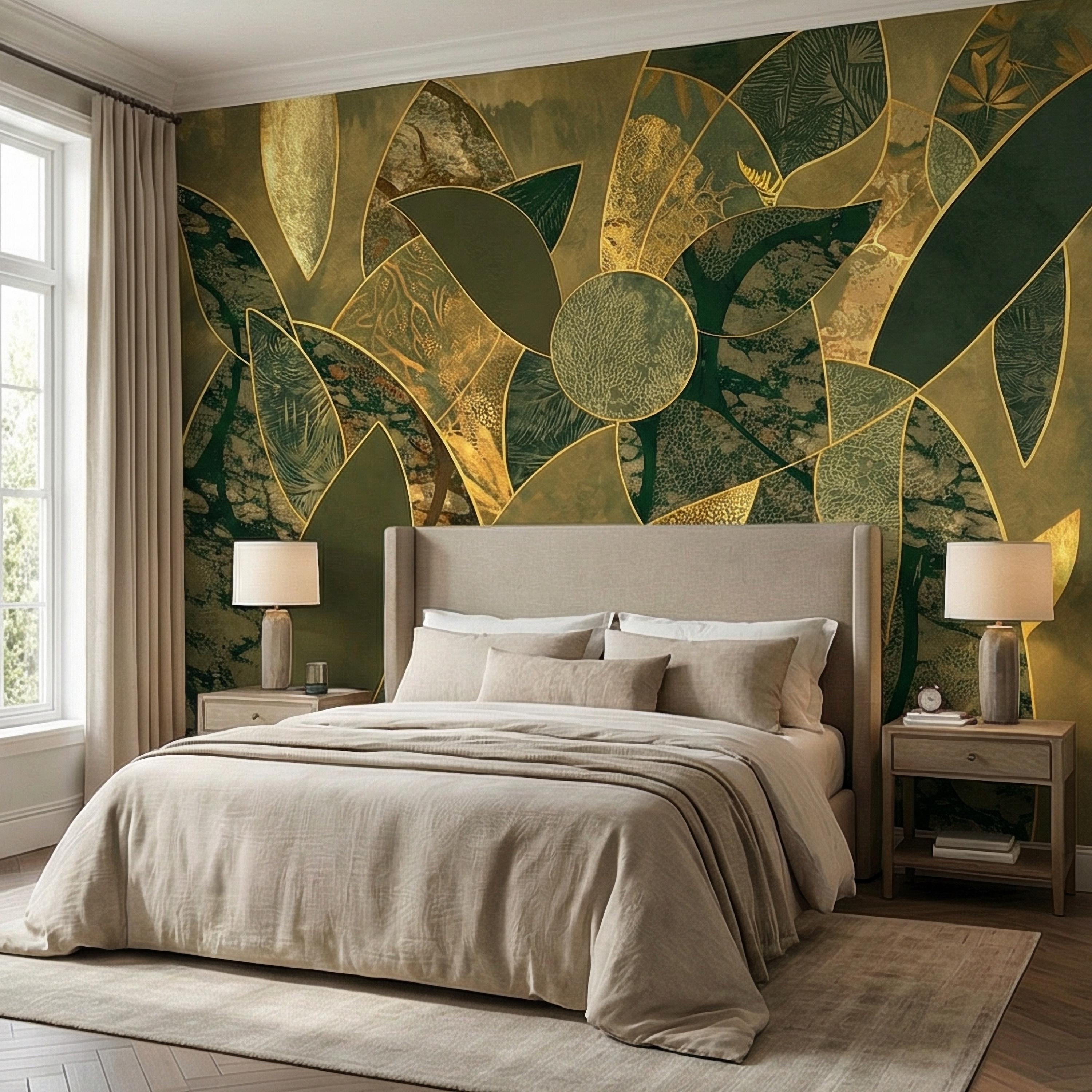 Art Deco Botanical Flower Peel and Stick Wall Mural, Dark Green Gold Abstract Geometric Floral, Large Scale Luxury Wallpaper