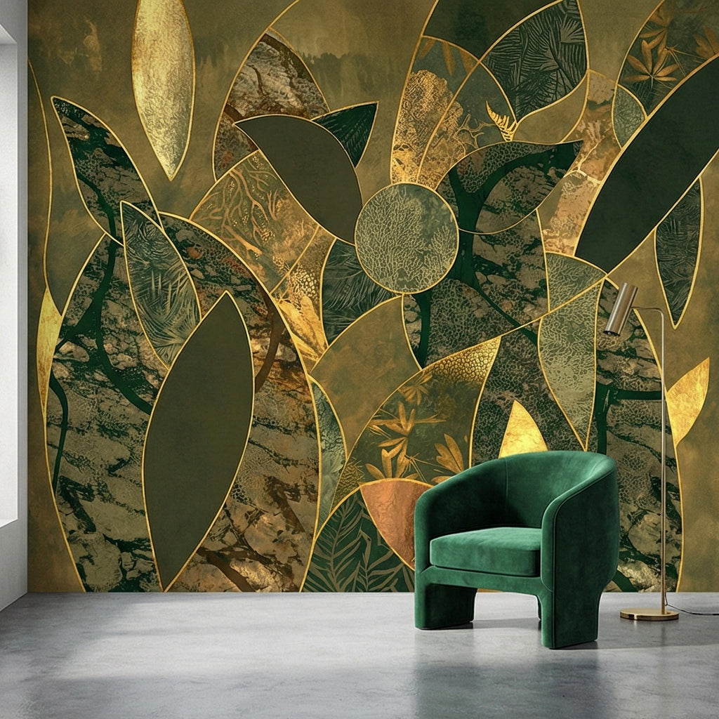 Art Deco Botanical Flower Peel and Stick Wall Mural, Dark Green Gold Abstract Geometric Floral, Large Scale Luxury Wallpaper
