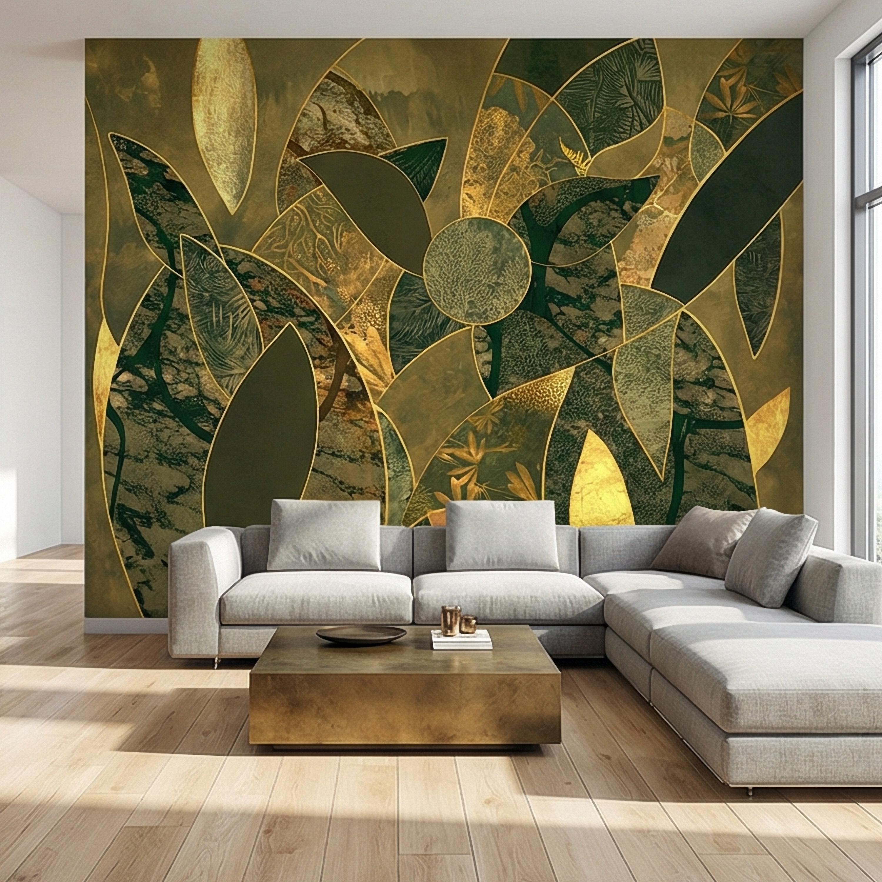 Art Deco Botanical Flower Peel and Stick Wall Mural, Dark Green Gold Abstract Geometric Floral, Large Scale Luxury Wallpaper