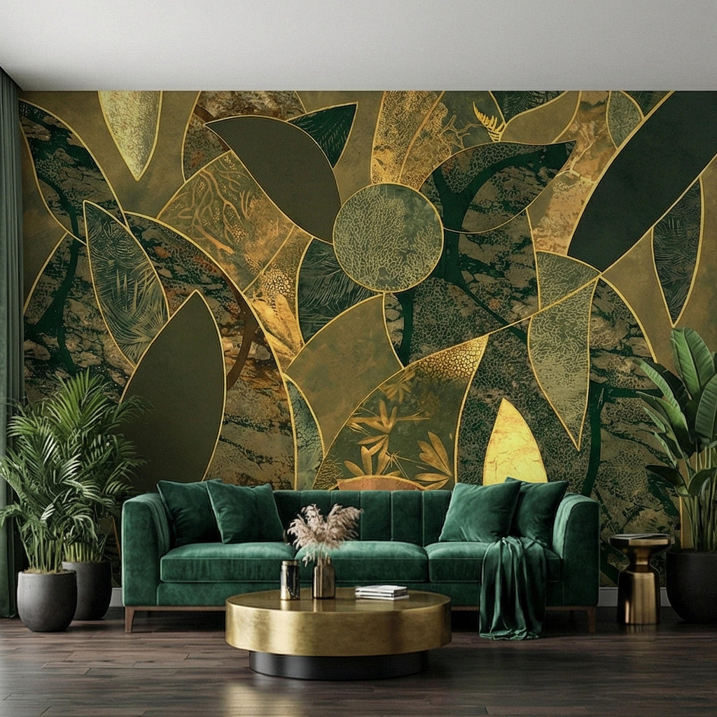 Art Deco Botanical Flower Peel and Stick Wall Mural, Dark Green Gold Abstract Geometric Floral, Large Scale Luxury Wallpaper