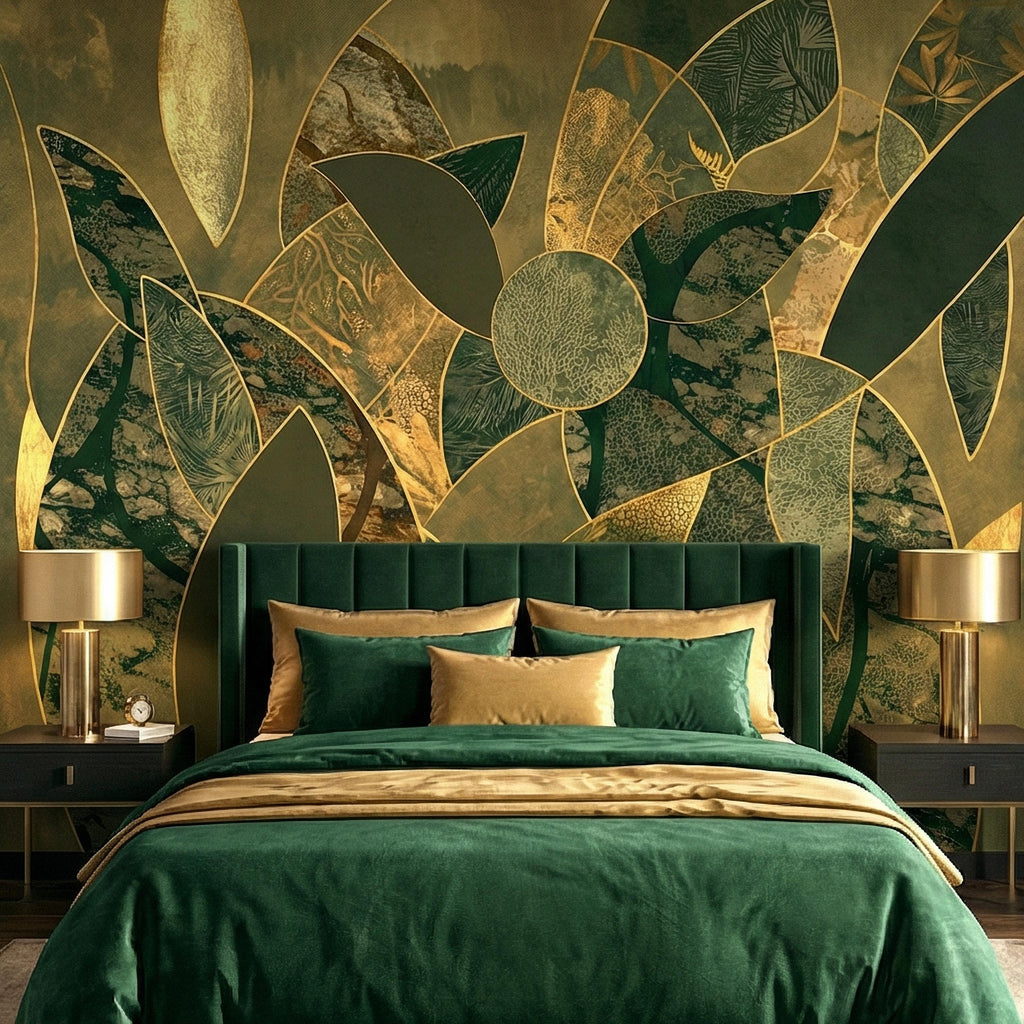 Art Deco Botanical Flower Peel and Stick Wall Mural, Dark Green Gold Abstract Geometric Floral, Large Scale Luxury Wallpaper