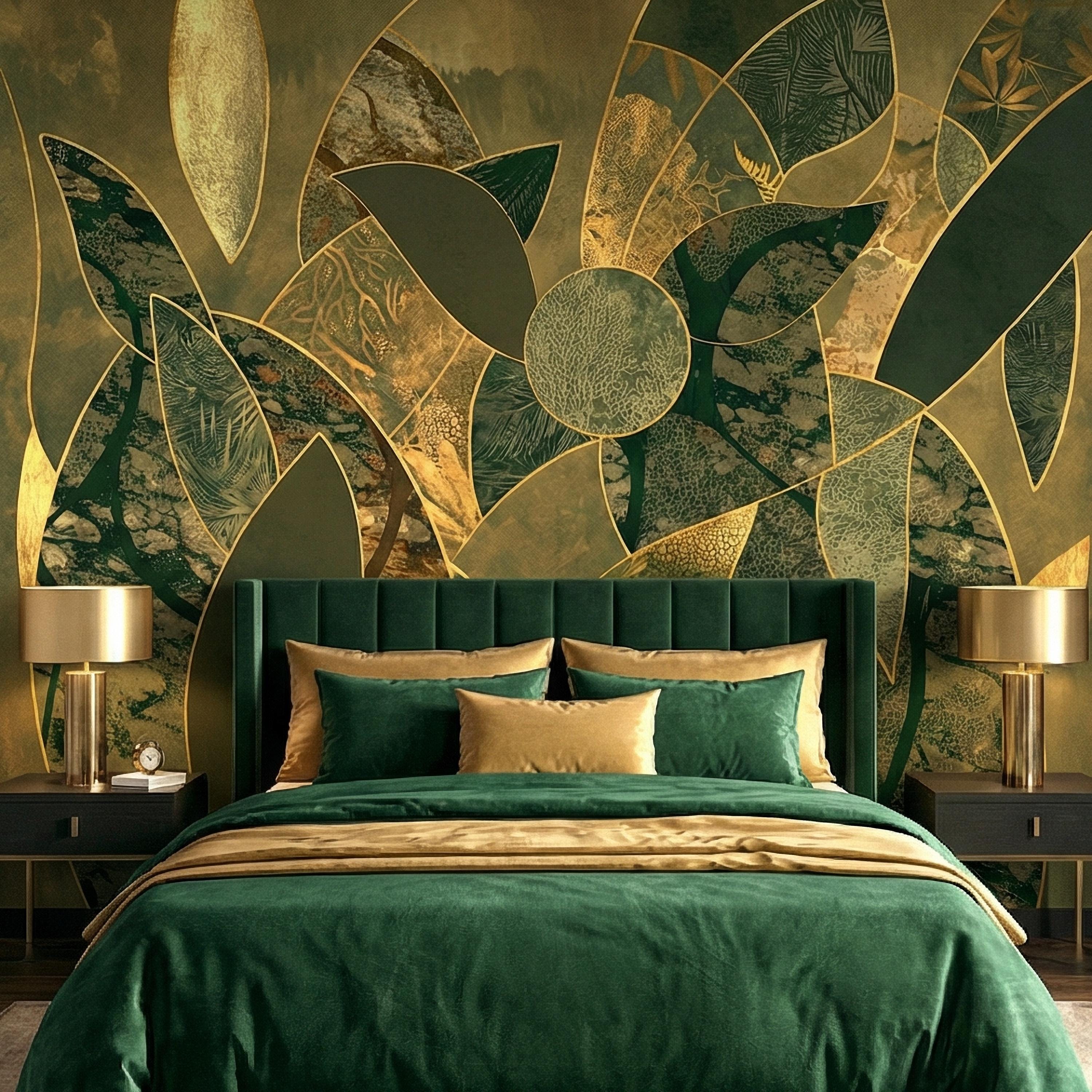 Art Deco Botanical Flower Peel and Stick Wall Mural, Dark Green Gold Abstract Geometric Floral, Large Scale Luxury Wallpaper