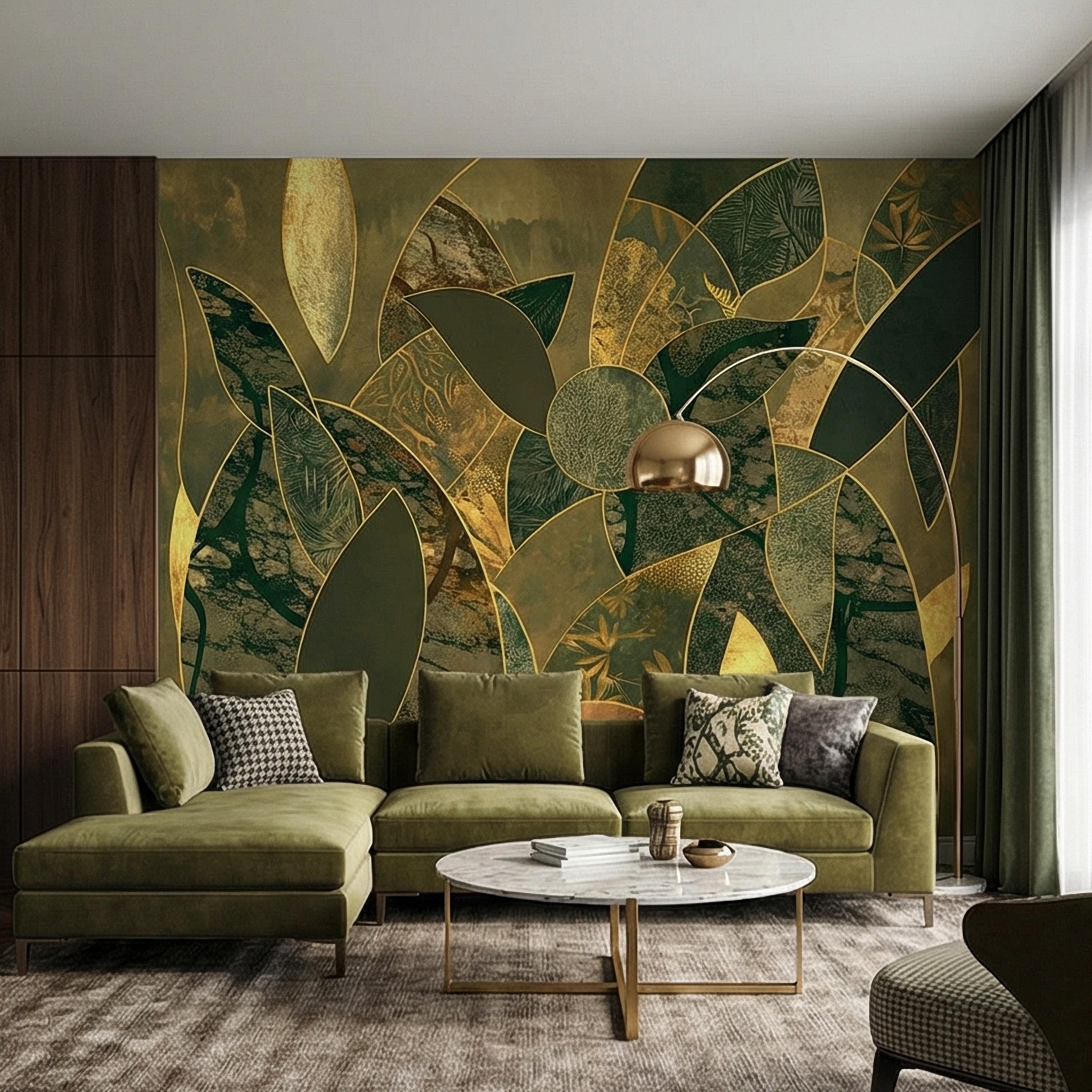 Art Deco Botanical Flower Peel and Stick Wall Mural, Dark Green Gold Abstract Geometric Floral, Large Scale Luxury Wallpaper